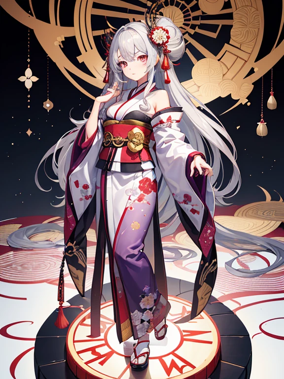 1 girl, long gray hair, perm, Oiran style,Hair is tied up,wearing a hairpin,quaint,purple eyes, wearing a luxurious kimono, Wearing a kimono,sad eyes,Have a kissel,High resolution, super sharp, 8K, masterpiece, looking at the viewer,no background,Shoulders are sticking out,Standing picture,full body picture