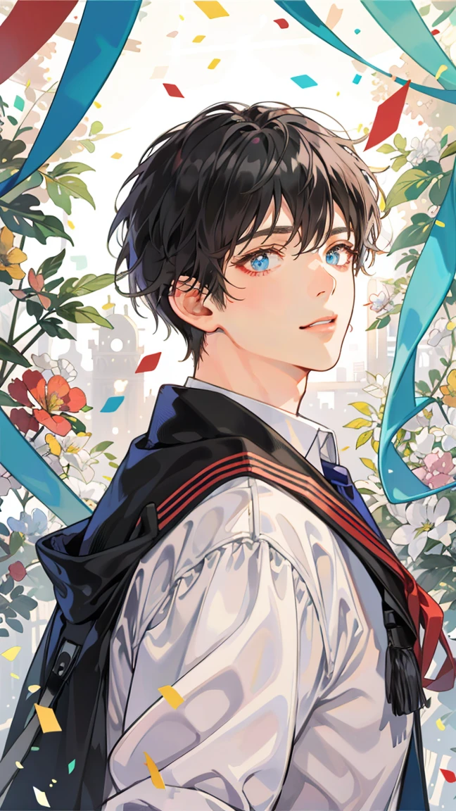 (((masterpiece))),best quality, whitetown, colorful confetti, 1 man, short black hair, happy,