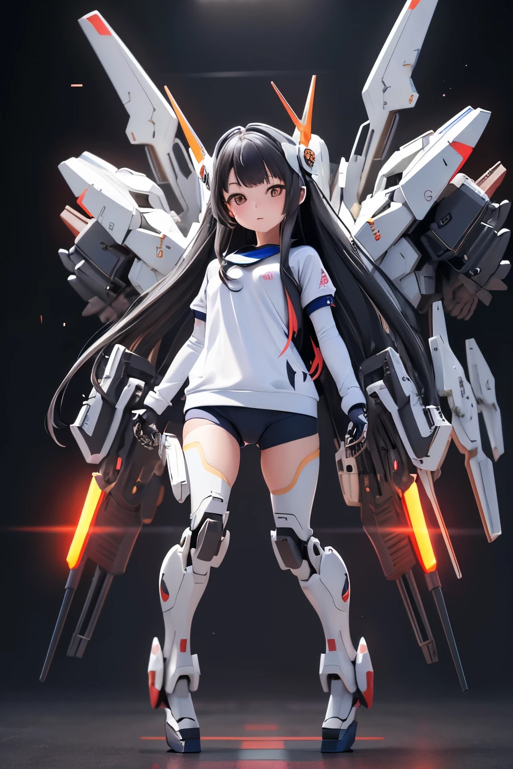 (highest quality)), ((masterpiece)), (very detailed: 1.3), 3D, {(1 young girl)}, (wear navy buruma and white gym uniform with colored hem under armor:1.3), (black hair:1.5), (She is fused with futuristic Gundam mecha:1.4), with headgear, with v-fin , armored shoulders,armored under arms, armored under legs, short sleeve, attached 2 huge weapons on back, legs mounted weapon module, camel toe, multilayer textureperfect proportions, octane rendering, duotone lighting, Low ISO, wide aperture, White balance, Rule of thirds, ultra HD16k, HDR (High Dynamic Range), Ray Tracing, NVIDIA RTX, Super Resolution, Subsurface Scattering, PBR Texturing, Post Processing, Anisotropic Filtering, Depth of Field, Maximum Clarity and Clarity, High efficiency subpixel, subpixel convolution, particles of light, light scattered, Tyndall effect, full body:1.5, (Squat and open your crotch:1,2), doggy style, , cute, (cute:1.2), (long hair:1.3),太い眉毛, 薄い色の虹彩, 大きくて輝いている黒い瞳, 長いまつげ, 小さく薄い色の自然な唇, (Average face of Japanese idols), (日本人特有の童顔:1.3), (baby face), 広いおでこ:1.2, ふっくらした頬, 小さな顎, in the hangar,looking at viewer,Focus on the eyes , (完璧な4本の指, 親指1本),