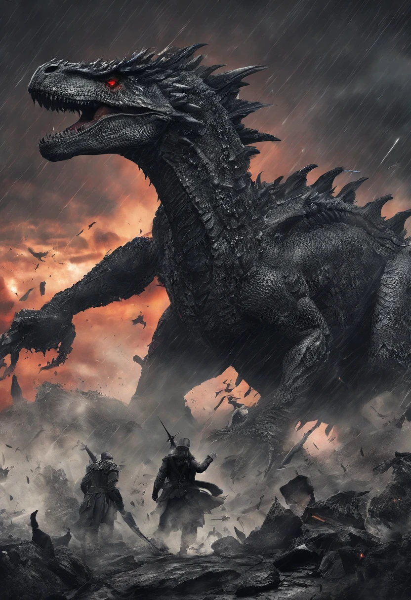 tyrannosarus rex, giant kaiju dragon monster,Kenna-style action figures,giant axe,battlefield, Smoking background, rain, The cloudy, Storm