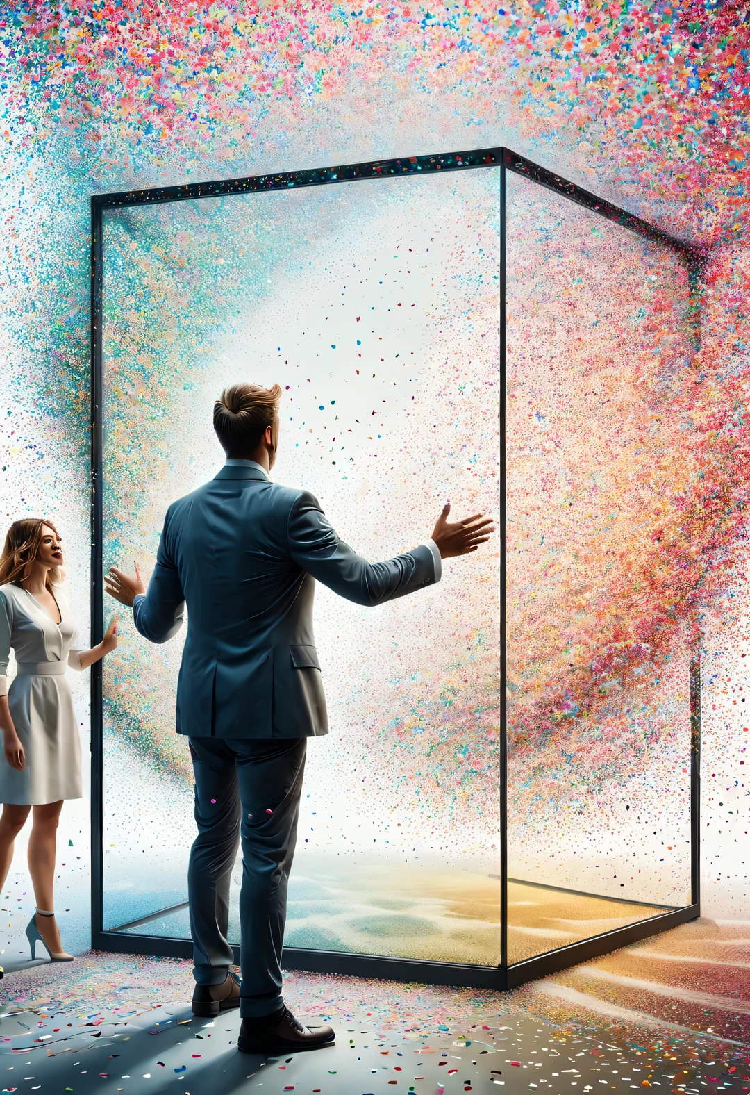 In the center of the picture is a glass wall，White people shaped confetti passing through glass wall，turn into confetti, ，production art, Interesting illustration, cartoon