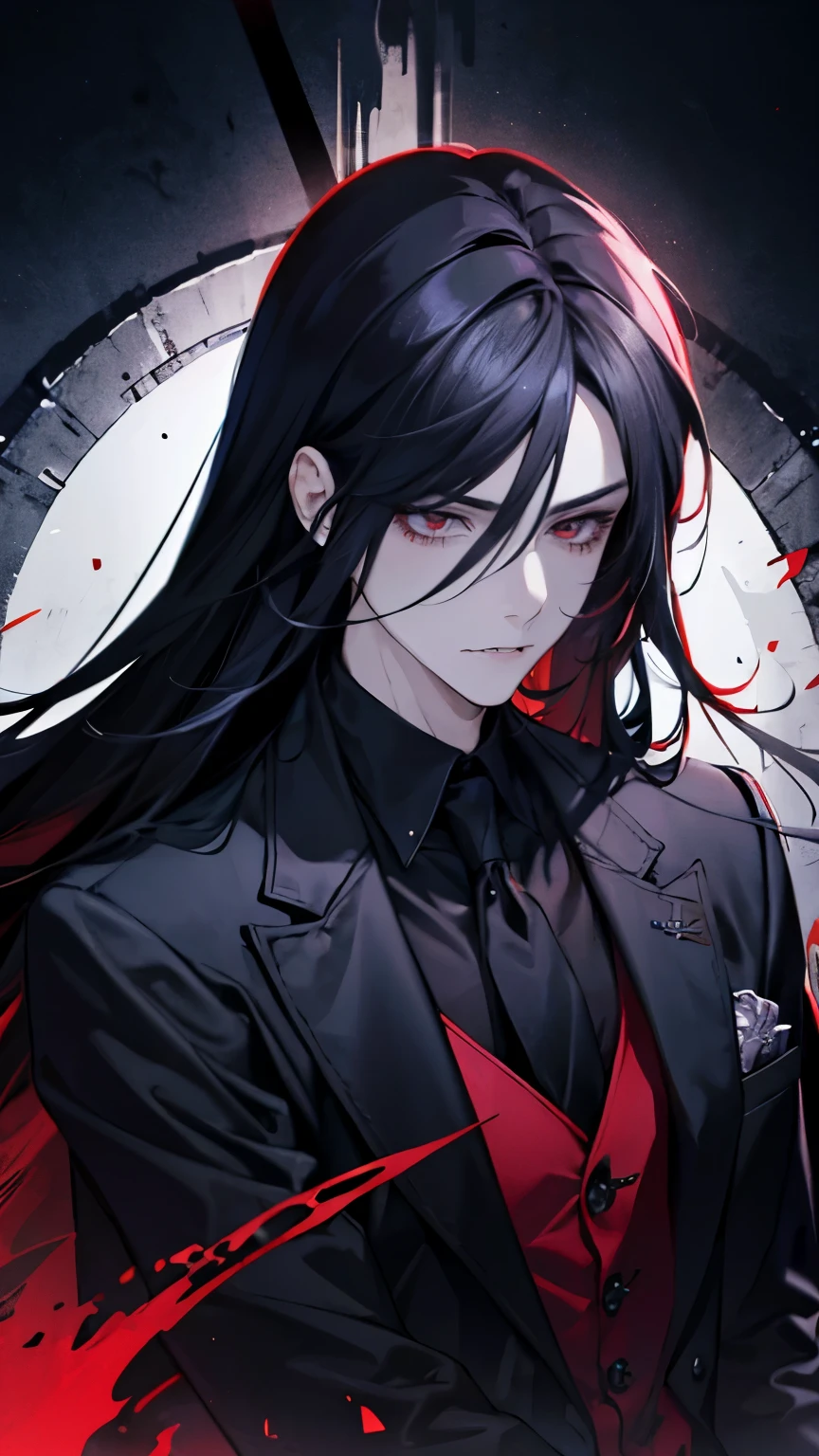 (best quality), 1man，Masculinity，One with long black hair，red eyes，vampire，Open your mouth to show your fangs，Gorgeous dark atmosphere, Wear a black suit，late night