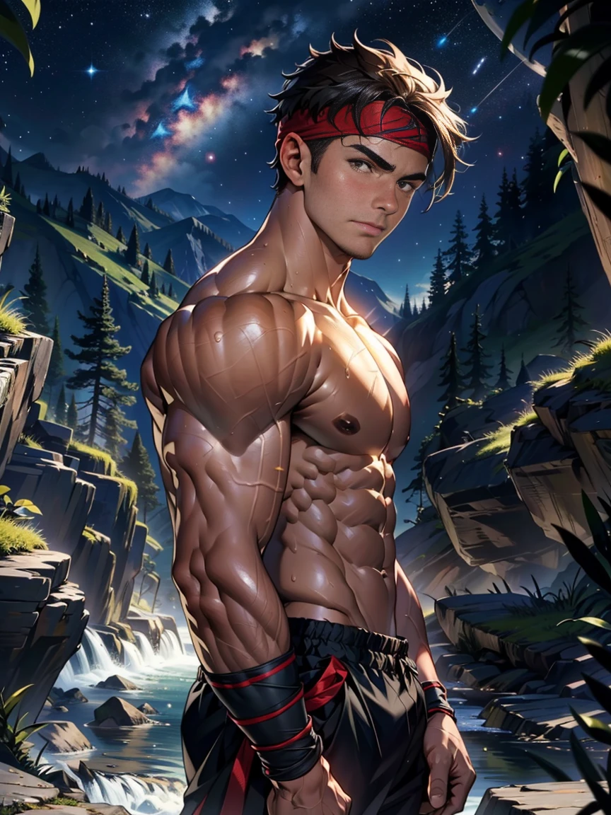 (Masterpiece, Best quality, 18 year old boy, 8k, ultra-detailed, (bust shot)), (from side, looking away, worm eyes, thin lips), (1 boy, solo), Young, (ager), (Dark Short straight hair, under cut, brown eyes), Shirtless, topless, (Red headband, ((gauntlet))), (Depth of field:1.2), (Abs, chest, upper arms, fararms, shoulder), (topless male), man with martial arts stance, athretic body, (background: midnight caves, starry night), sweat, action pose
