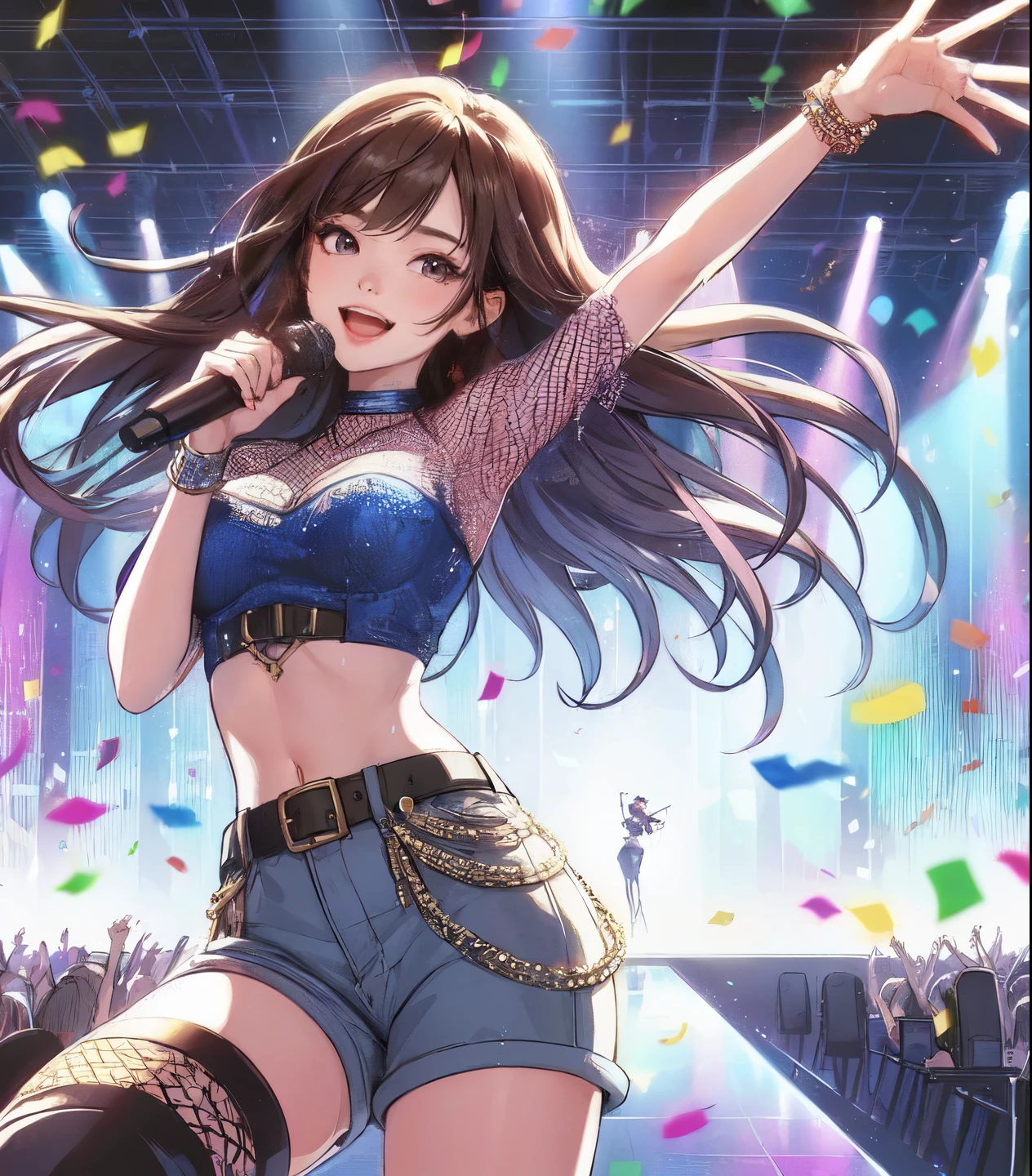 Outfit: Mature bikini showing off her long
Situation: A live music club with a lot of heat, getting into the groove of your favorite band's music.Show your energetic side.
* Expression: Smile like you're having the most fun, jump up and down, raise your hands... express the music with your whole body.
* Additional elements: stage lighting, the heat of the crowd, the band playing, etc. to create the realistic feel of a live performance.