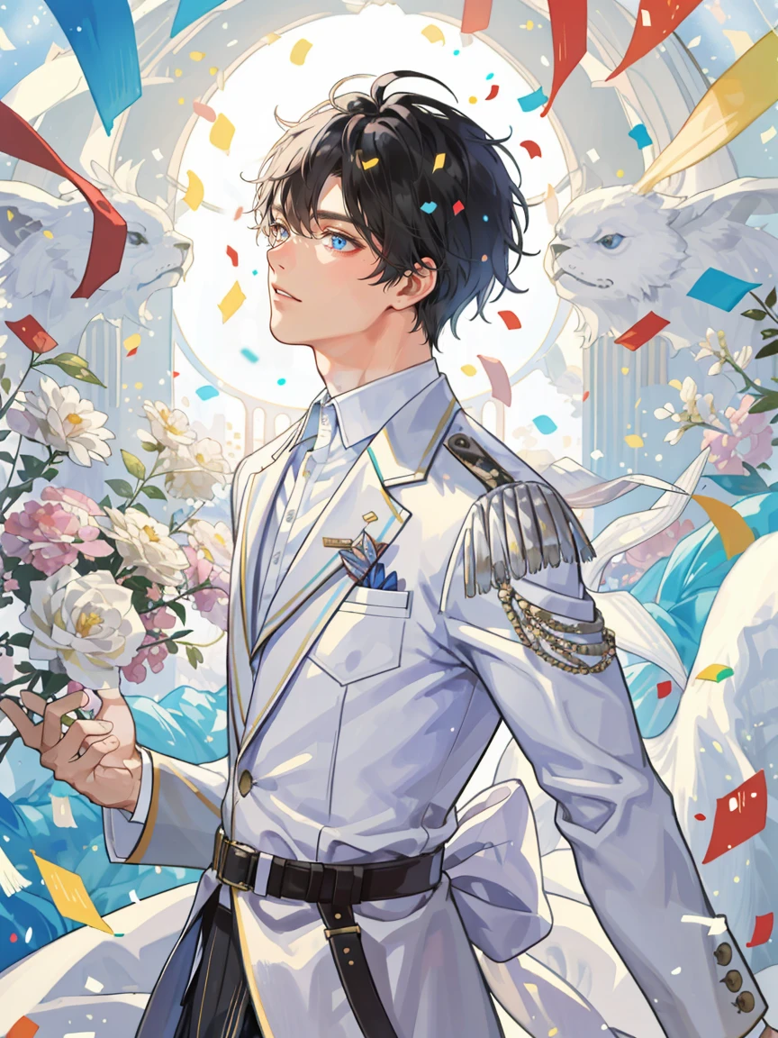 (((masterpiece))),best quality, whitetown, colorful confetti, 1 man, short black hair, happy, prince, parade