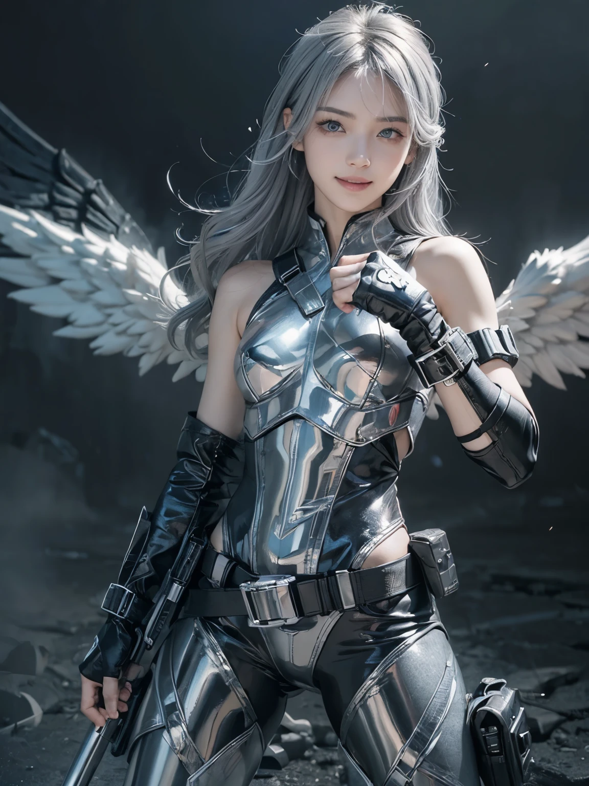 (anime, Unreal:1.2), (portrait:1.6), (brand collection, fashion brand theme:1.6), (detailed, beautiful, masterpiece, best quality:1.2), _ BREAK (1girl:1.2), 22 years old, 160 cm, Japanese cute model, Tightened all body, medium Breasts, small head, small face, diamond Face, small nose, Sharp Faceline, Detailed face, Detailed eyes, young hands and fingers, beautiful hands and fingers, five fingers, _ BREAK (happy, smile, Glossy Lips:1.3), (Light color lips, Half open mouth, beautiful Teeth:1.2), (dropy eyes, Double eyelid, light color eyes, Shiny eyes:1.5), Shiny skin, _ BREAK (arranged hairstyle:1.4), (gray hair:1.4), shiny hair, _ BREAK (gray background:1.4), (mist, fog:1.4), _ BREAK (wide angle:1.6), (Fighting, sexy model pose:1.2), BREAK (Monochrome combat theme:1.2), (combat-style angel with black tactical wings:1.2), (sleek black combat suit with white accents:1.2), (tactical boots with silver details:1.2), (utility belt with minimalistic accessories:1.2),
BREAK (combat pose, ready for action:1.2), 
BREAK (fingerless gloves with metallic accents:1.2), (combat-ready stance with clenched fists:1.2),
BREAK (Urban battlefield background with shattered debris:1.2), (moody dark tones and edgy atmosphere:1.2), (ominous shadows emphasizing combat spirit:1.2)
