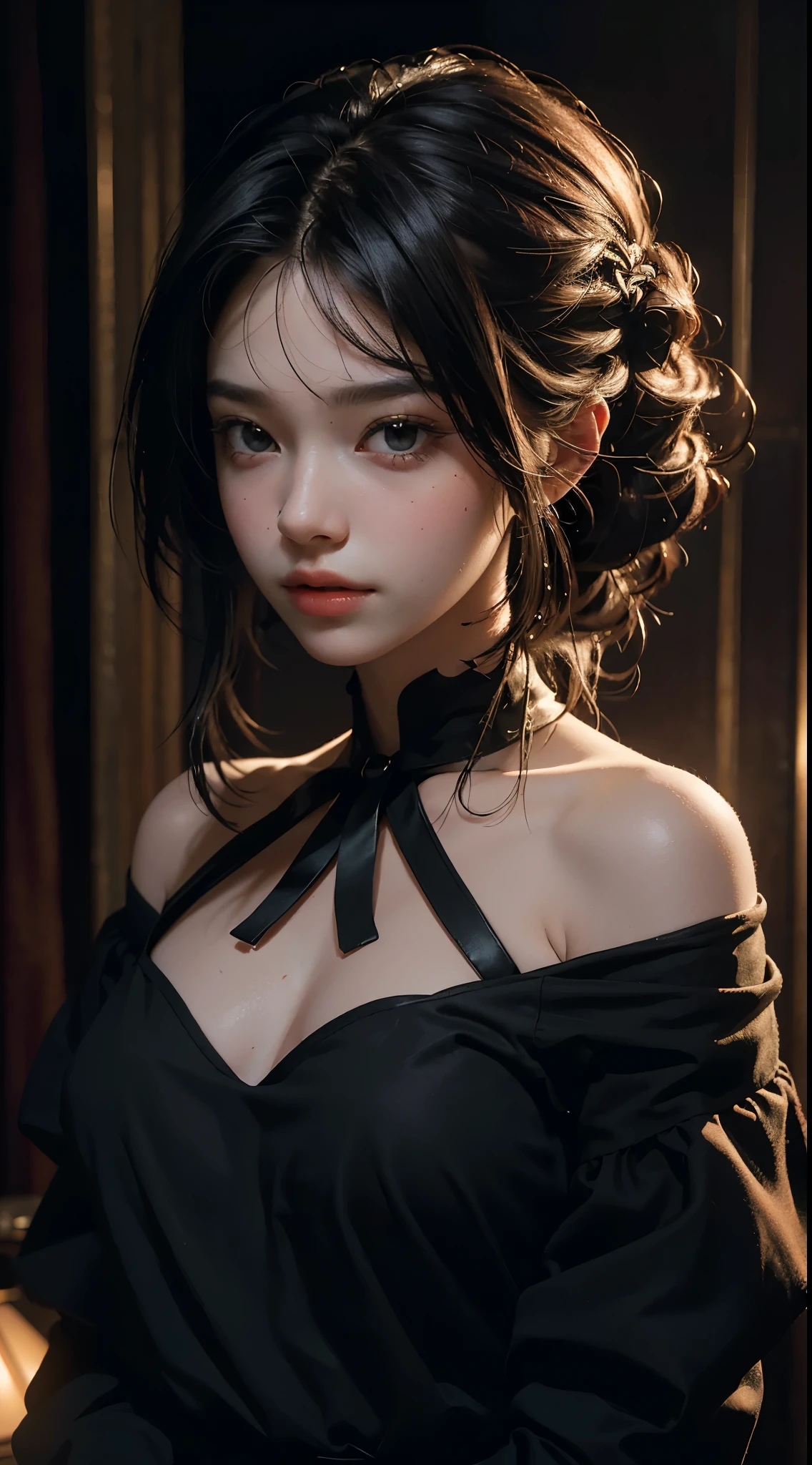 best quality, masterpiece, ultra high resolution, (lifelike:1.4), original photo, 1 girl, Off the shoulders, Cinema lighting