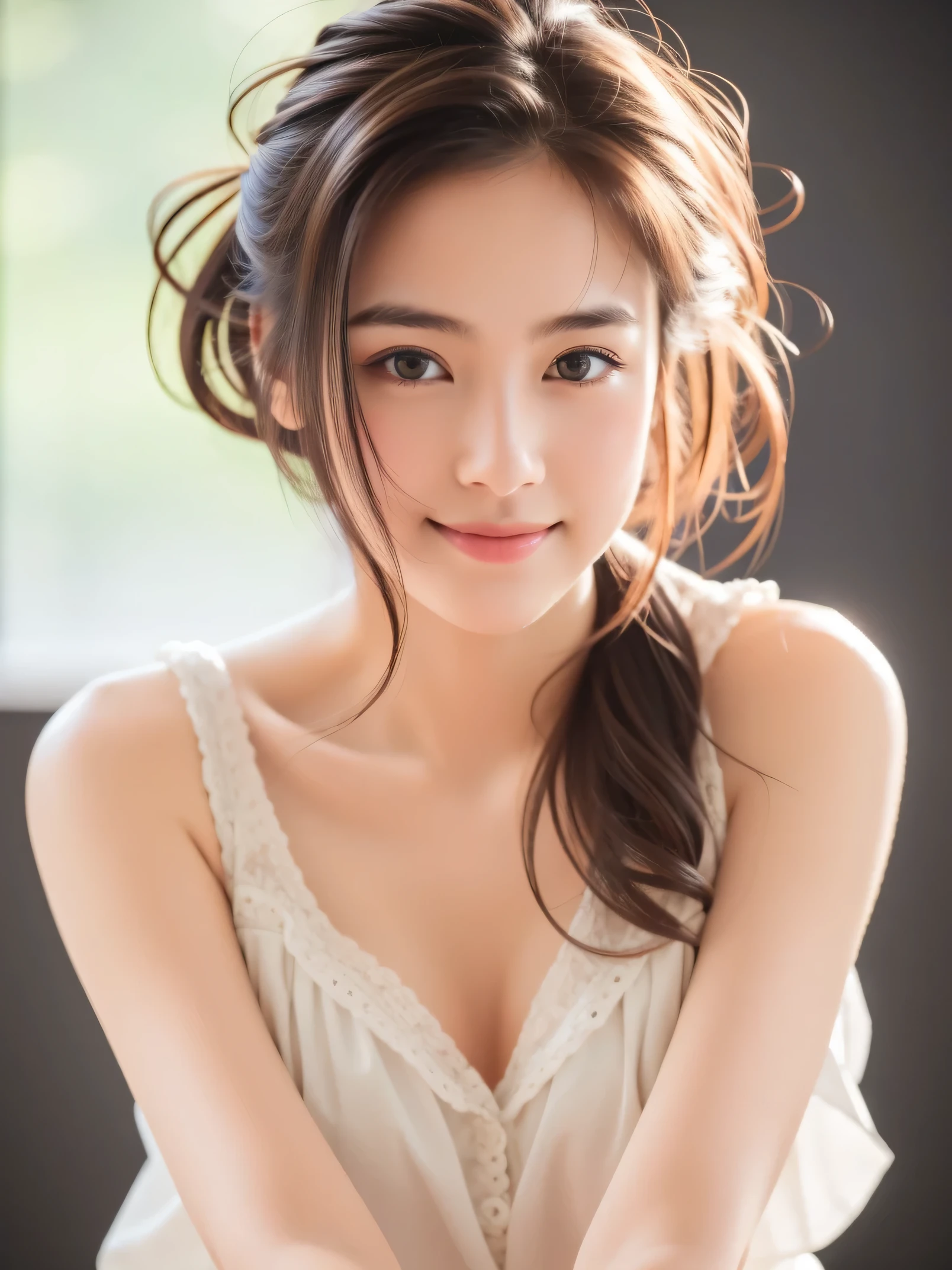 highest quality, masterpiece, ultra high resolution, (realistic:1.4), (close portrait) Raw photo, 1 girl, 22 years old,(((business suit))),((long hair chignon)),masterpiece, realistic pictures, japanese pictures, fuji negative film, saturation, contrast, Pocari Sweat Advertisement ((small breasts)),((smiling showing teeth)),,brown hair,