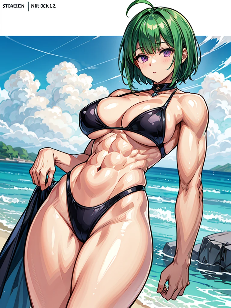 （（（masterpiece、Highest image quality、highest quality、highly detailed unity 8ｋwallpaper）））、（（Illustration of one girl））、（（（beautiful girl）））、（（green hair、pixie cut：1.3、sidelocks、purple eyes））、（stocky build, thickset physique, muscular legs, broad shoulders：1.2, solid chest：1.3）、swimsuit、sandy beach