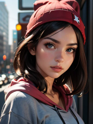 (((HD photo))), ultra high res.photorealistic:. 1.4, UHD, masterpiece, trending on artstation, close up shot of her face and shoulders, pretty, cute girl, most beautiful in the world, soft, delicate, long dark hair, slim body, large breasts, nsfw, wearing black beanie::1.5, wearing grey hoodie::1.5, sunkissed, morning city background