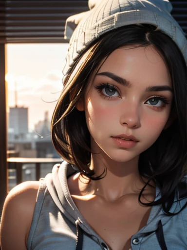 (((HD photo))), ultra high res.photorealistic:. 1.4, UHD, masterpiece, trending on artstation, close up shot of her face and shoulders, pretty, cute girl, most beautiful in the world, soft, delicate, long dark hair, slim body, large breasts, nsfw, wearing black beanie::1.5, wearing grey hoodie::1.5, sunkissed, morning city background