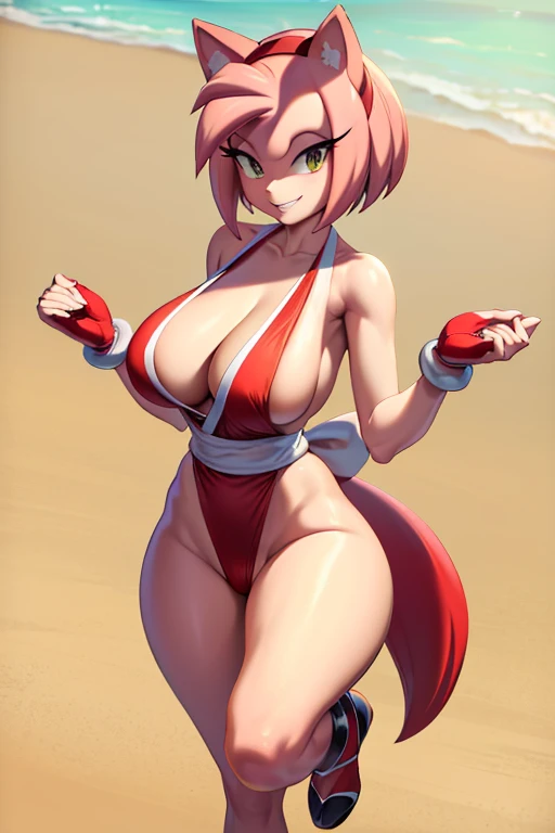 masterpiece, high resolution, best quality, beautiful art, rendered art, well formed hands, body and fingers, 1 woman, solo, Amy Rose, human form, grown up, mature woman, big breasted, cleavage, cosplaying as Mai Shiranui, alluring outfit, sexy and skimpy attire, full body, alluring figure, sexy hips, legs and thighs, dancing seductively, looking at the viewer, smiling joyfully, flirting, beach background