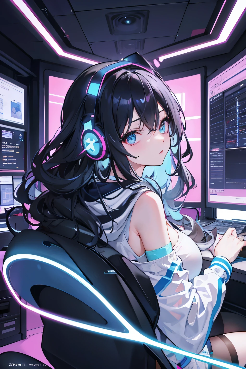 ((masterpiece,High resolution,8K quality,highest quality)),1 female,((highly detailed face)),delicate eyes,(iridescent eyes),(hairstyle:semi-long,strong wavy hair,Strong perm,black hair),black and neon glowing headphones,Lens flare,Light blue hoodie,Tube top,big breasts,A listless face,I find it troublesome,Room with computer,A room where the display shines in the absence of light,sit down tomorrow,look back here,pink and blue lights intersect,
