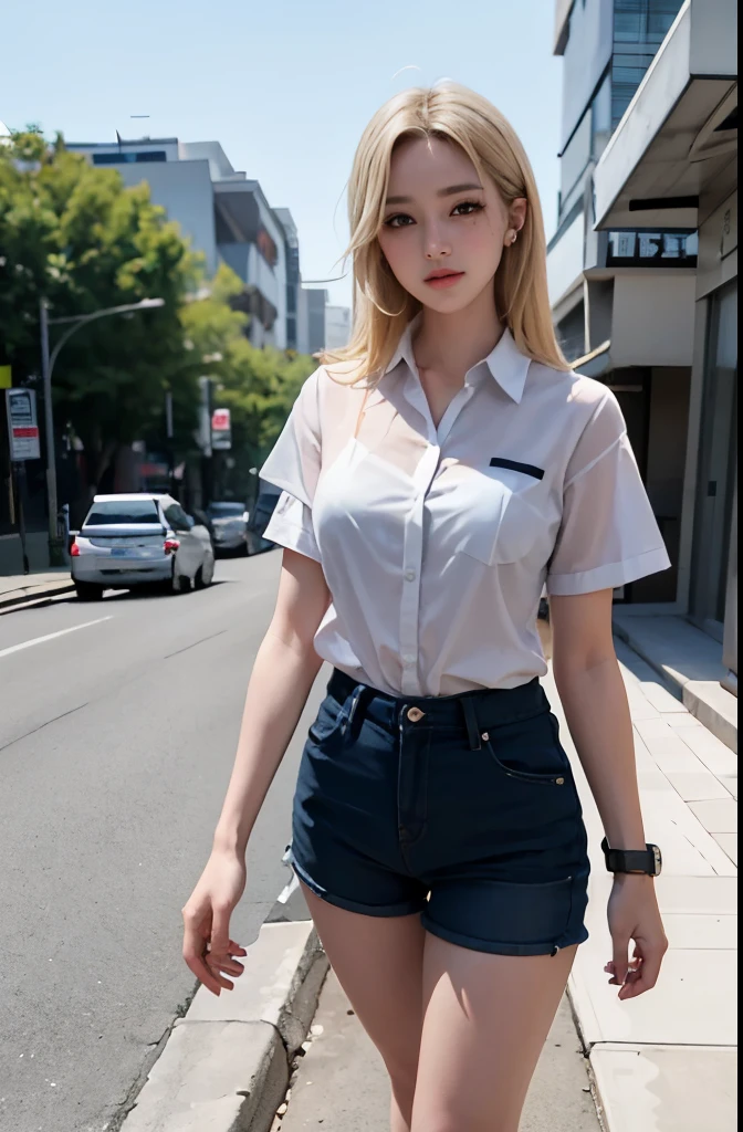 A young male surveyor working at a CX series total station | socchia, topcon total station, in a typical outdoor setting、We see a curvaceous blonde woman in shorts with beautiful hips and a very short see-through shirt walking very close. surreal