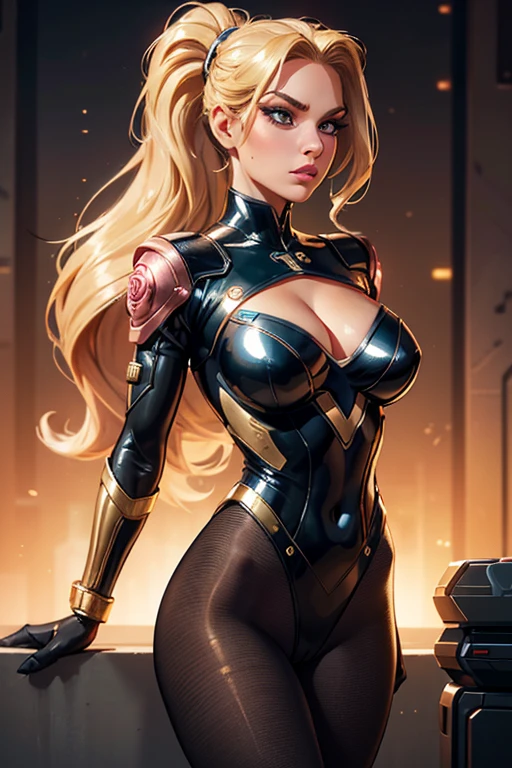 Best quality, 8K, woman retro super hero futurism, beautiful and detailed face, big eyelashes,standing, facing away from the observer, ponytail,golden hair, long eyelashes, light rose shiny leotard, cleavage, metalic details, light tan pantyhose, sheer gloves,black sci-fi scenario