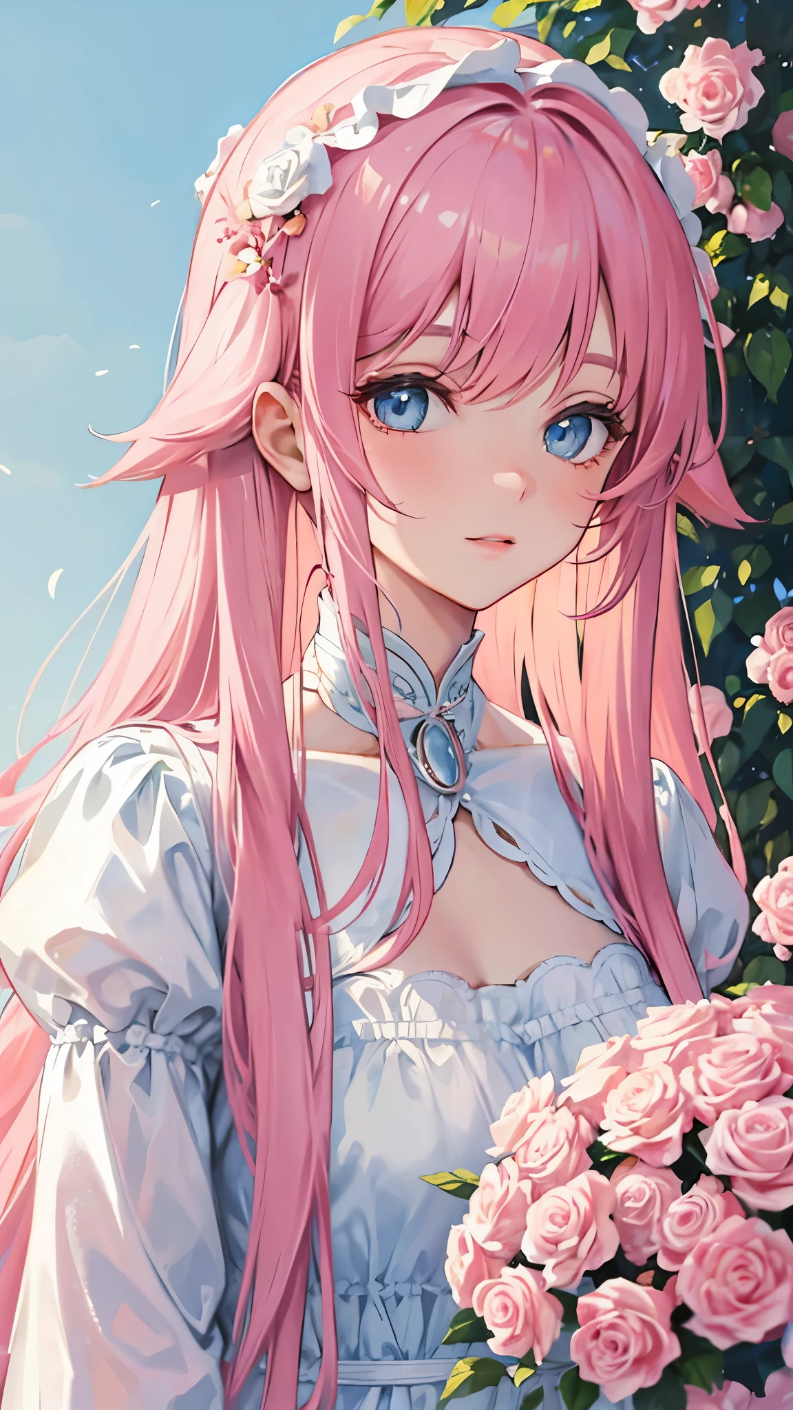 ((masterpiece)), high quality, super detailed, pink hair + White clothes: 1.2, sweet and delicate girl, Exquisite facial features, Perfect body, surrounded by roses, Bright and bright colors, pearl white background, Romantic long hair, Natural light, warm and sweet, blue eyes, flower hair accessories.