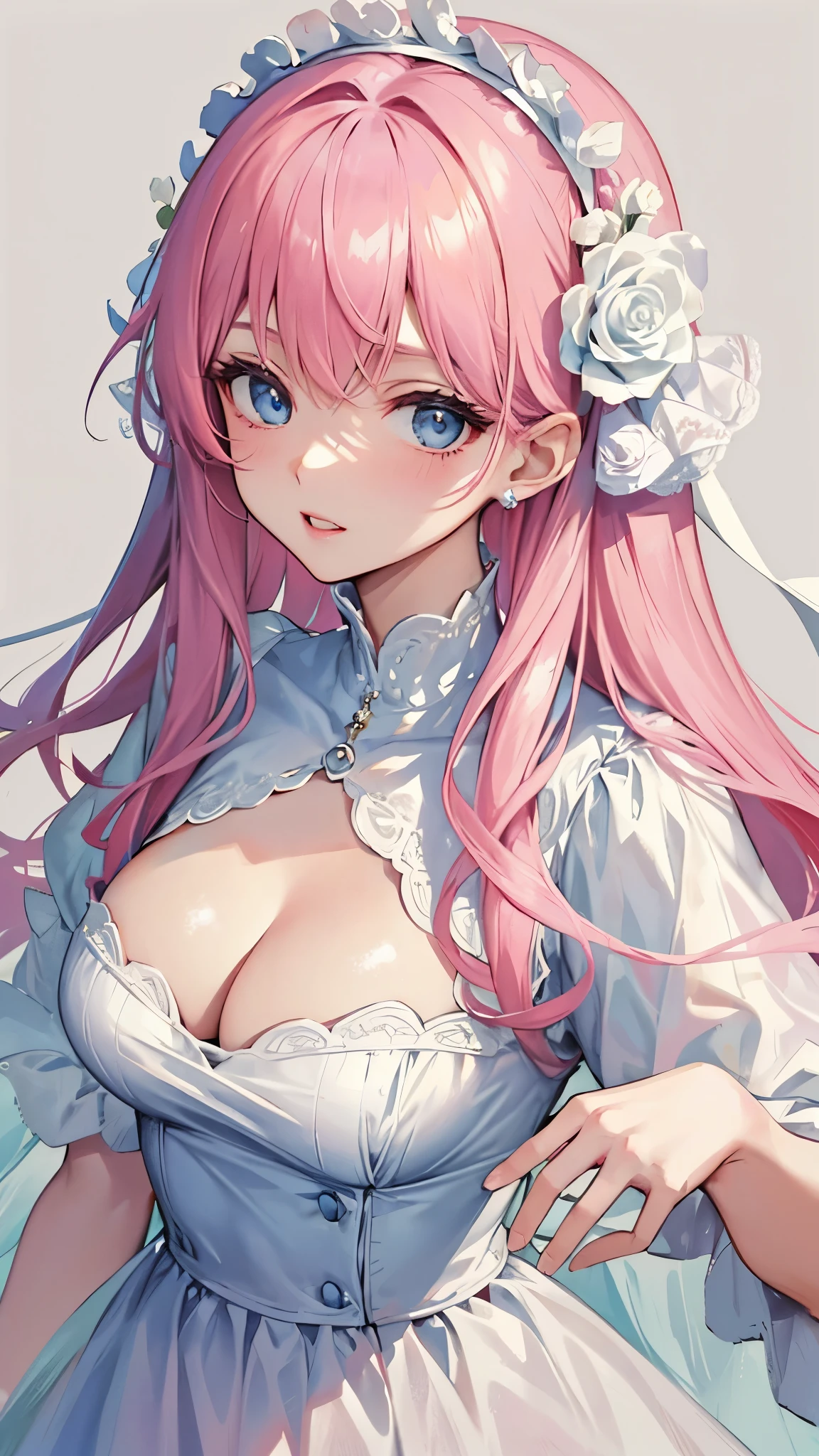 ((masterpiece)), high quality, super detailed, pink hair + White clothes: 1.2, sweet and delicate girl, Exquisite facial features, Perfect body, surrounded by roses, Bright and bright colors, pearl white background, Romantic long hair, Natural light, warm and sweet, blue eyes, flower hair accessories.