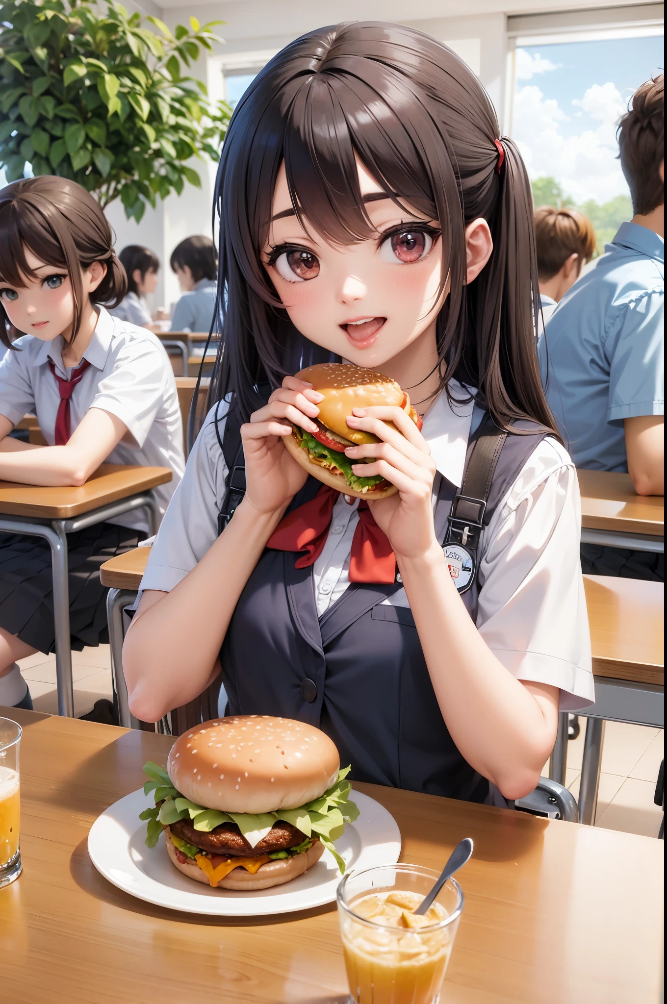 anime girl comer una hamburguesa in a classroom with other students, hermosa chica de secundaria anime, comiendo hamburguesas, comer una hamburguesa, arte cg anime suave, comer una hamburguesa, a hyperRealista , visual anime de una linda chica, hyperRealista , Realista anime 3 d style, comida animada, Realista anime artstyle, Realista , Realista anime art STYLE (BEAUTIFUL GIRL EATING A HAMBURGER) 