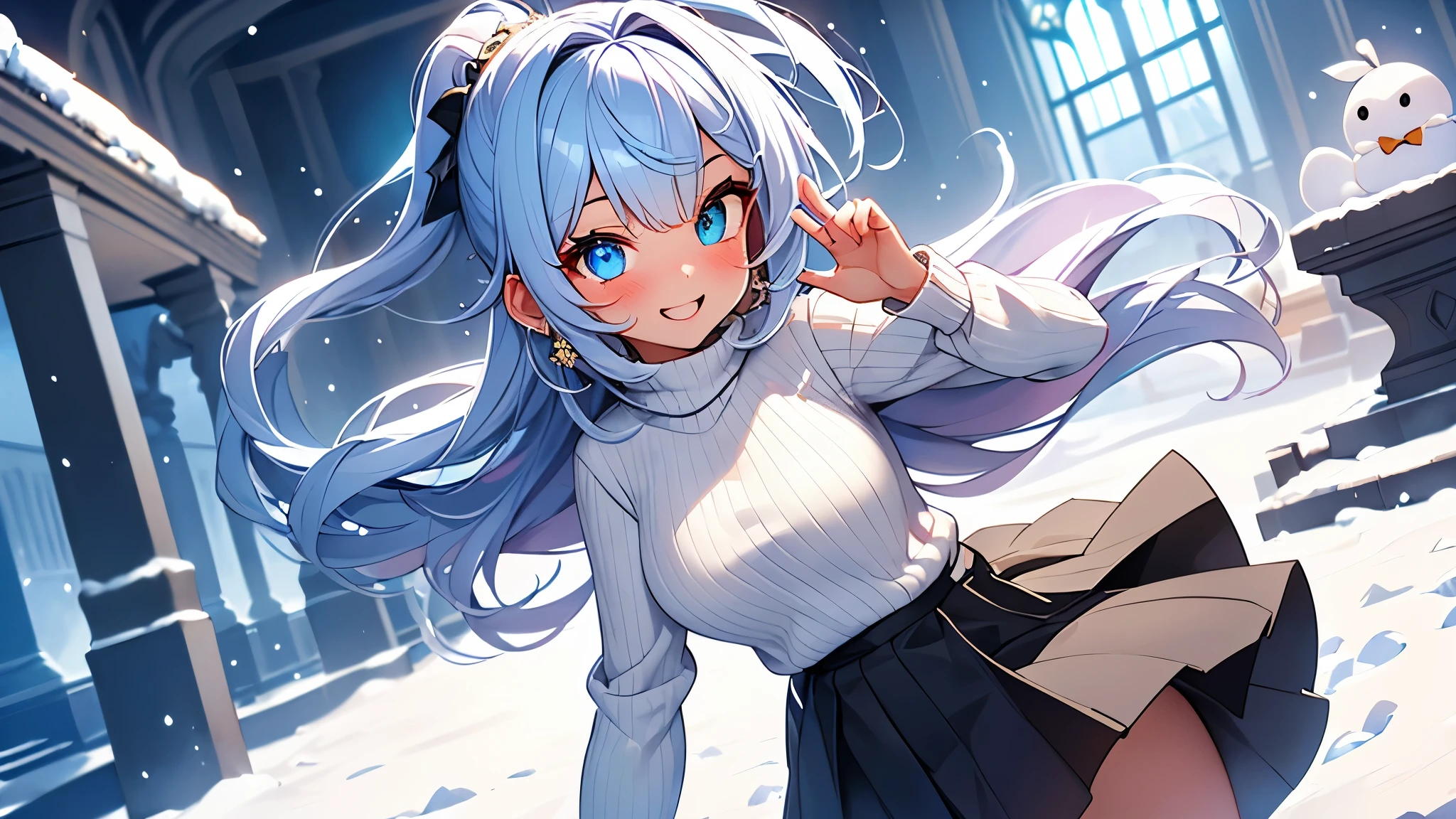 highest quality、photorealistic、super detail、delicate、orderly、high detail、bluish silver ponytail、(droopy iris of heterochromia,glowing eyes:1.4)、、10 years old、big smile、slender、full body、blurred background、(1 girl:1.2)、game CG、dynamic angle、ambient occlusion、ambient light、raytraced reflections、glow、shining hair、(A girl frolicking in the snow,high neck sweater、skirt、girly fashion:1.3)