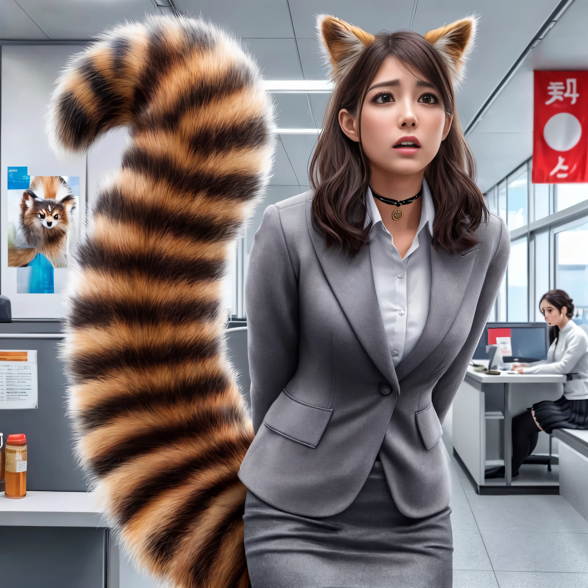 woman stands with a tanuki tail, (software) safe for work, fur with tail, software version, coworkers, realistic style, , realistic style , beautiful girl, photograph, 最high quality, (Her skirt is flipped up and her tail is visible.:1.8) ,Reality, small breasts, slender, white panties,tail from above panties, Tail from inside the skirt, bushy tail, realistic tail, flat chest, (software) safe for work, nffsw, retina, muste piece, Accurate, anatomically correct, super detail, advanced details, high quality, 最high quality, High resolution, 1080p, 4k, 8K, The tail is sticking out from inside the skirt, long tail, A face that looks like it's about to cry, troubled face