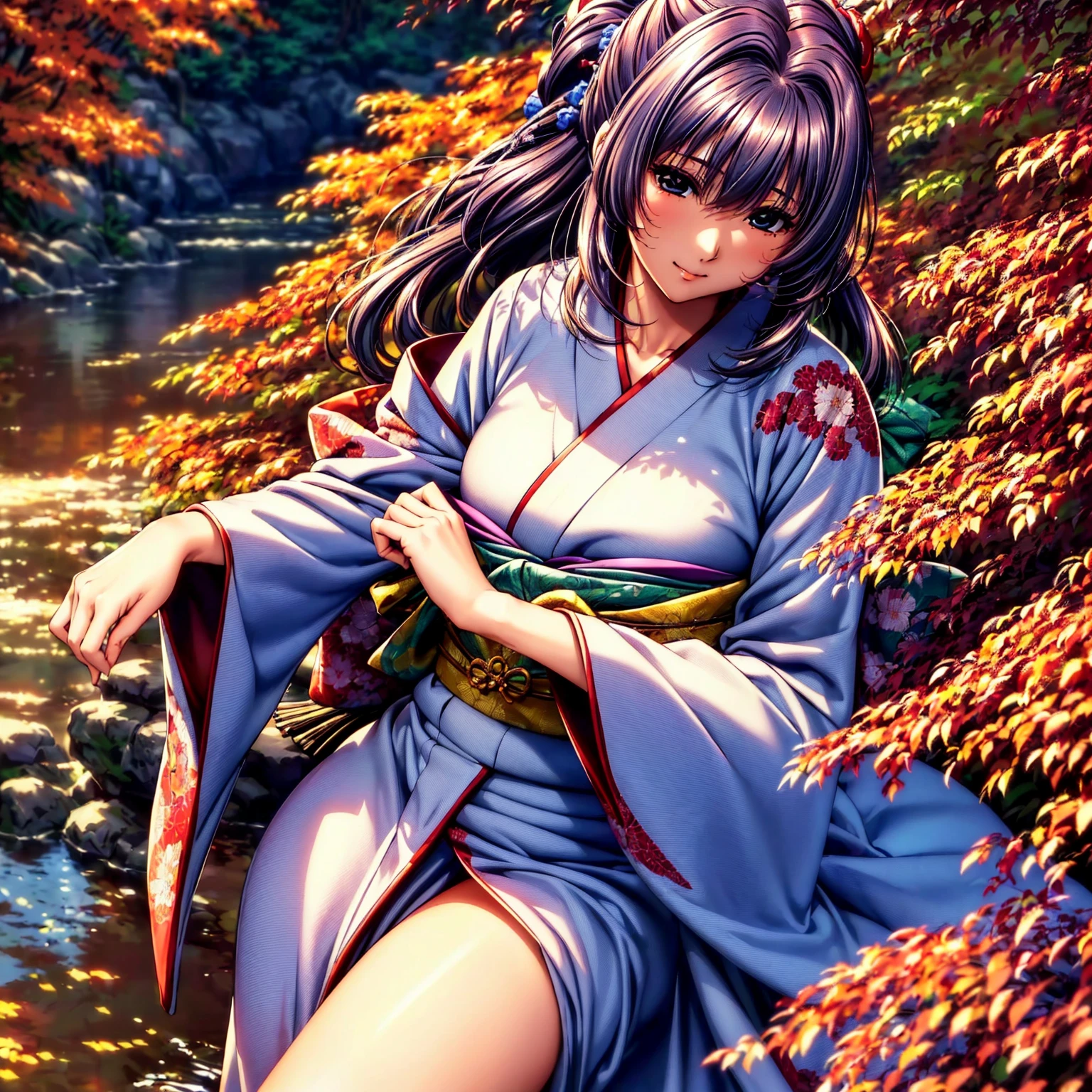 (((highest quality、masterpiece、very high resolution、highly detailed images、detailed details)))、(A woman of perfect and ultimate beauty:18-year-old, beautiful body、beautiful face:cheeks are red、beautiful eyes:bewitching gaze,beautiful hair:colorful,bright smile:Mouth opens)、(Slender and beautiful body, best skin and hair texture)、((japanese kimono:美しく花柄でcolorful,shoulders are exposed,I can see my thighs)),((Mt. Momiji:Beautiful autumn leaves and waterside,mysterious night sky,natural light,beautiful scenery,beautiful scenery,Beautiful colors)),(beautiful pose,model shoot,Hair flutters under the influence of the wind),bijinga,Overall image、accurate image、accurate anatomy、Image without defects,(best shot,RAW photo:1.2)