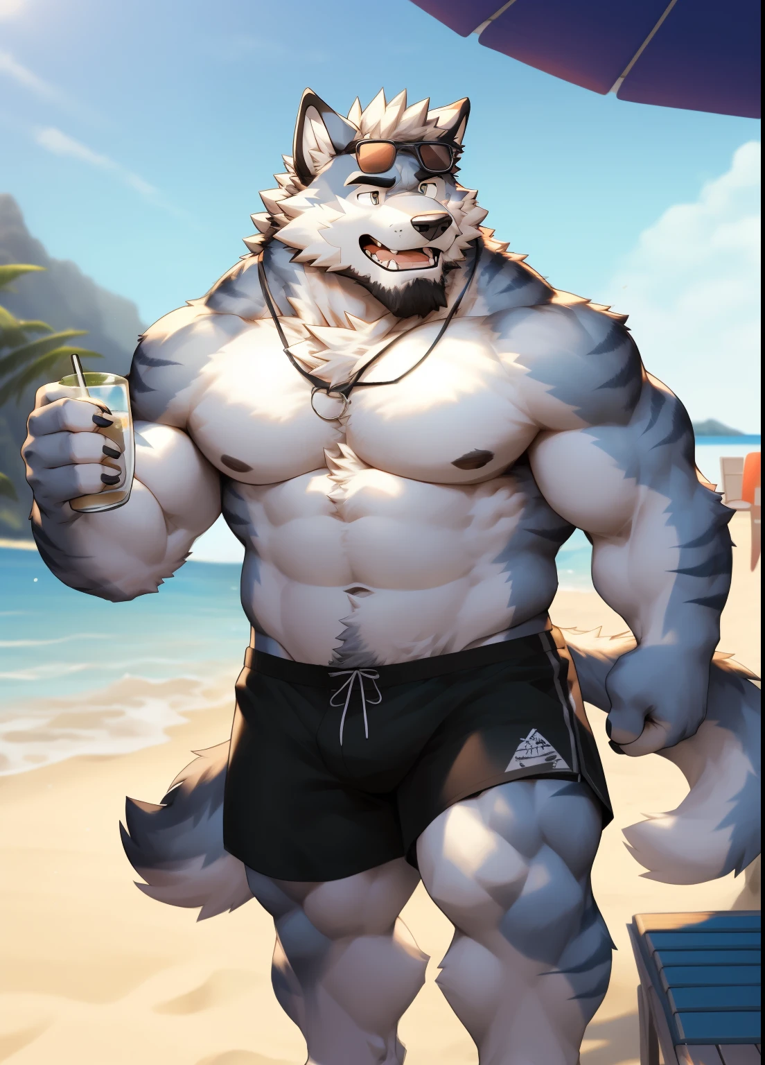 hairy,((Wolf,Shirtless,construction shorts,There are sunglasses on the head,A white towel hangs around his neck)),beard,white fur,male,Common,full body picture((极其lifelike阴影,masterpiece,Very detailed,lifelike)), ((Cat)),dynamic poses,seaside beach,Drink drinks((极其lifelike背景,masterpiece,Very detailed,lifelike))detailed background
