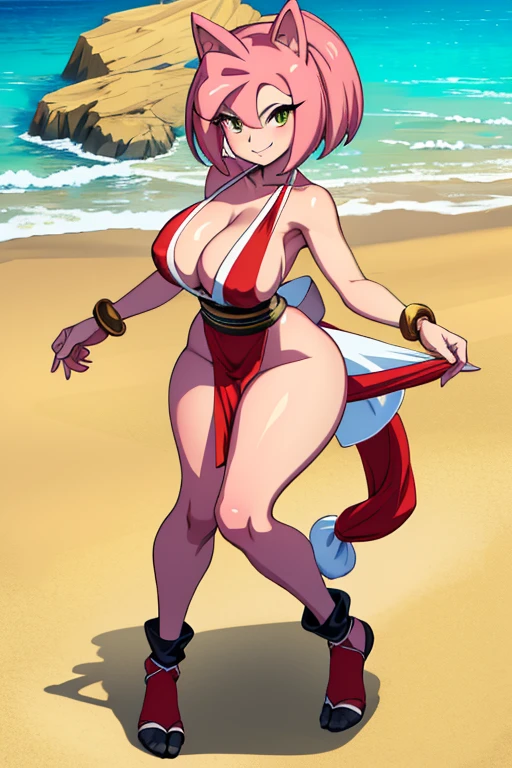 masterpiece, high resolution, best quality, beautiful art, rendered art, well formed hands, body and fingers, 1 woman, solo, Amy Rose, human form, grown up, mature woman, big breasted, cleavage, cosplaying as Mai Shiranui, alluring outfit, sexy and skimpy attire, full body, alluring figure, sexy hips, legs and thighs, dancing seductively, looking at the viewer, smiling joyfully, flirting, beach background