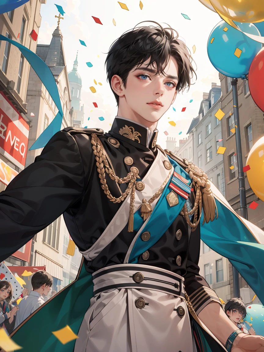 (((masterpiece))),best quality, whitetown, colorful confetti, 1 man, short black hair, happy, prince, parade