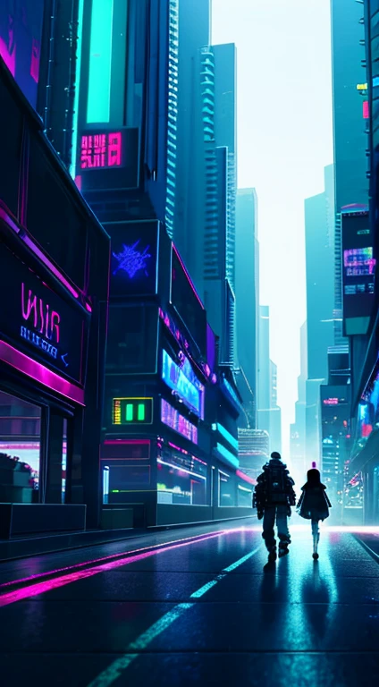 cyberpunk scene, sci-fi, high rise buildings neon lights, futuristic, ray tracing, very detailed, HD, cinematic, people walking down street