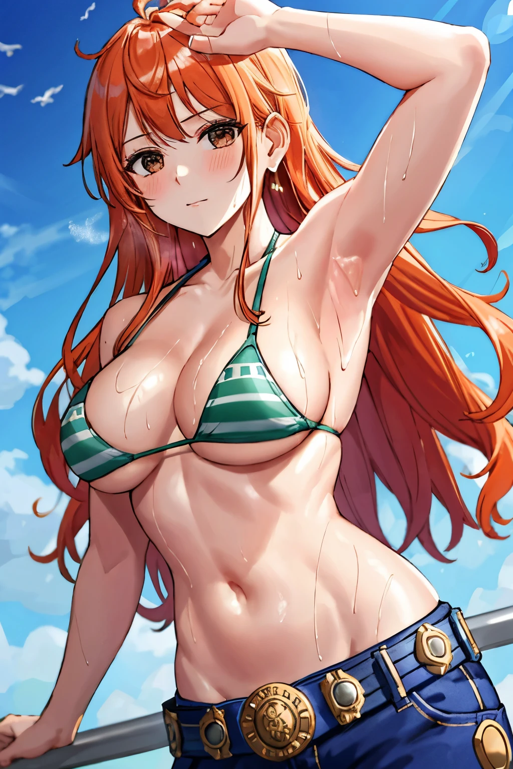 detailed background, masterpiece, 4K, best quality, 늦은 request소년, adult, wrestler body, 1 woman, Active, energetic, Uppercut, (Big mouth) , alone, Us \(One Piece\), 1 woman, bangle, (Very wet, Drenched in sweat, sweating all over, Very wet hair, tired, breathe, dehisce, hand on stomach, Sweaty face, sweaty body, Panting, sweating too much, Glittering sweat, Sweat stains, lean forward, skew, hand on knee, wave goodbye), Perfect, detailed face, Draw bold lines, muscular arms, Detailed and thick arm lines, Flat chin, adult woman, wavy wide striped bangs, Floating bang stripes, (Big cheeks), bare shoulders, off shoulder, belt, bikini, bikini top only, blue sky, bracelet, Elastic breasts, Breast line, Big round eyes, Plain big brown shiny eyes, foam, 높은 눈 stomach치, split, cloud, afternoon, request, earring, floating hair, shiny hair, green belt, green bikini, Thick groin line, requestpants, bijouterie, big bust, Log Pose, long hair, looking at viewer, navel, wet hair, Orange hair, pants, shoulder Tattoo, side lock, sky, alone, standing, stomach, swimsuit, Tattoo , looking at viewer, dehisce, Detailed left arm, large forehead, hourglass shape, small head, A toned body, Broad head, wind effect, The Sun Effect, Under the sun, Narrow small ear angle, Previous, 무작stomach 포즈,