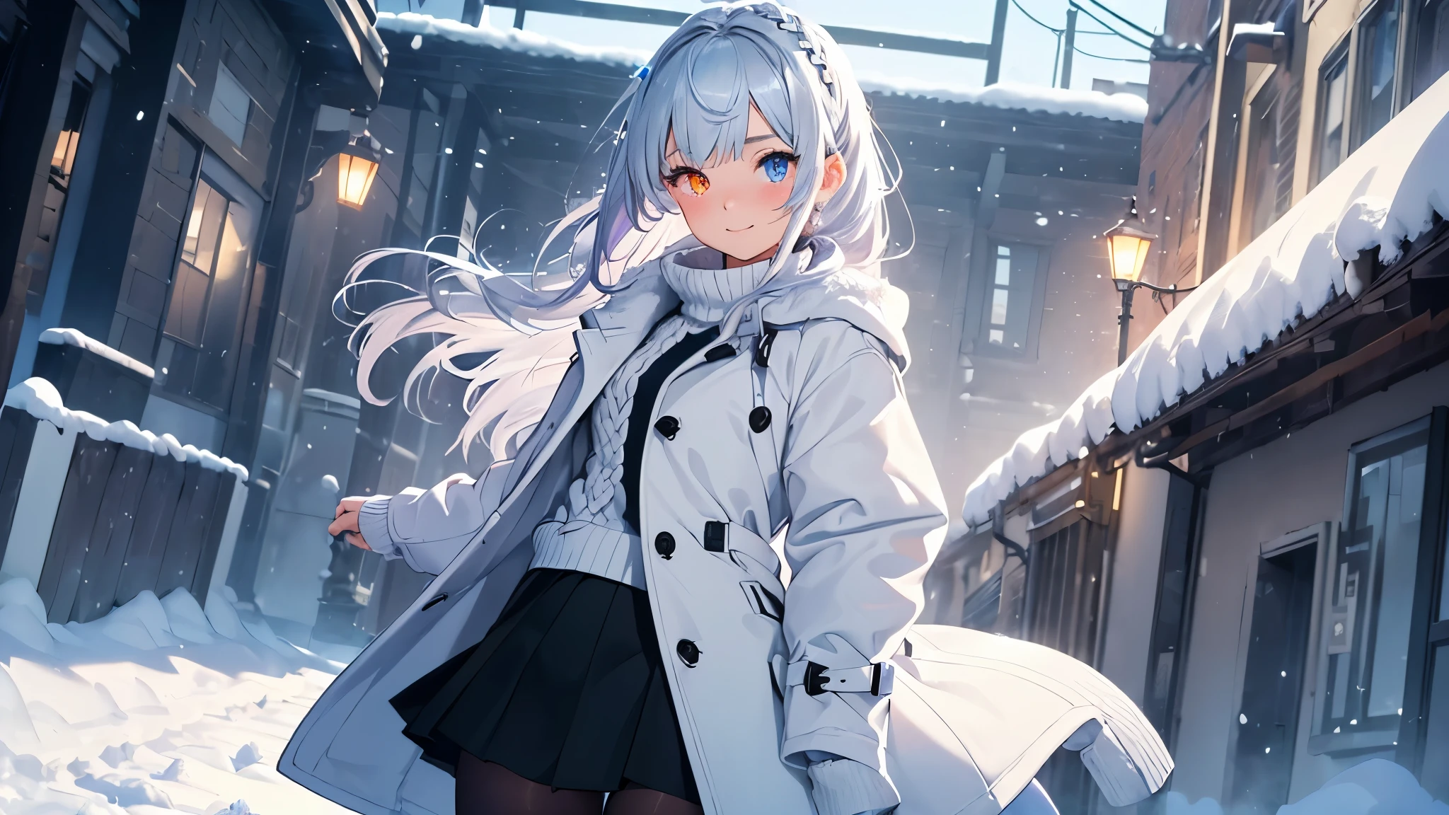 highest quality、photorealistic、super detail、delicate、orderly、high detail、bluish silver ponytail、(droopy iris of heterochromia,glowing eyes:1.4)、、10 years old、big smile、slender、full body、blurred background、(1 girl:1.2)、game CG、dynamic angle、ambient occlusion、ambient light、raytraced reflections、glow、shining hair、(girl playing in the snow,high neck sweater、skirt、coat、tights、girly fashion:1.3)