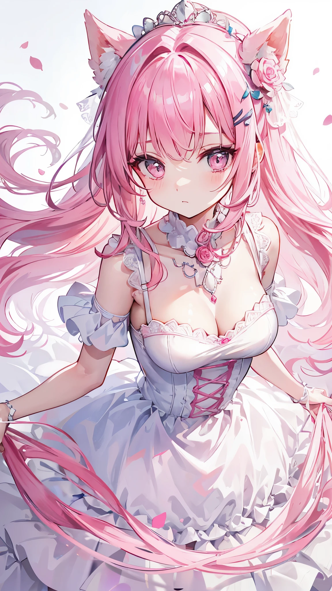 one with pink hair,pupil,White and looming,Dresses that resemble wedding dresses,This dress is decorated with many pink bows,Pair it with a dazzling silver necklace,is a cute, sweet and cute