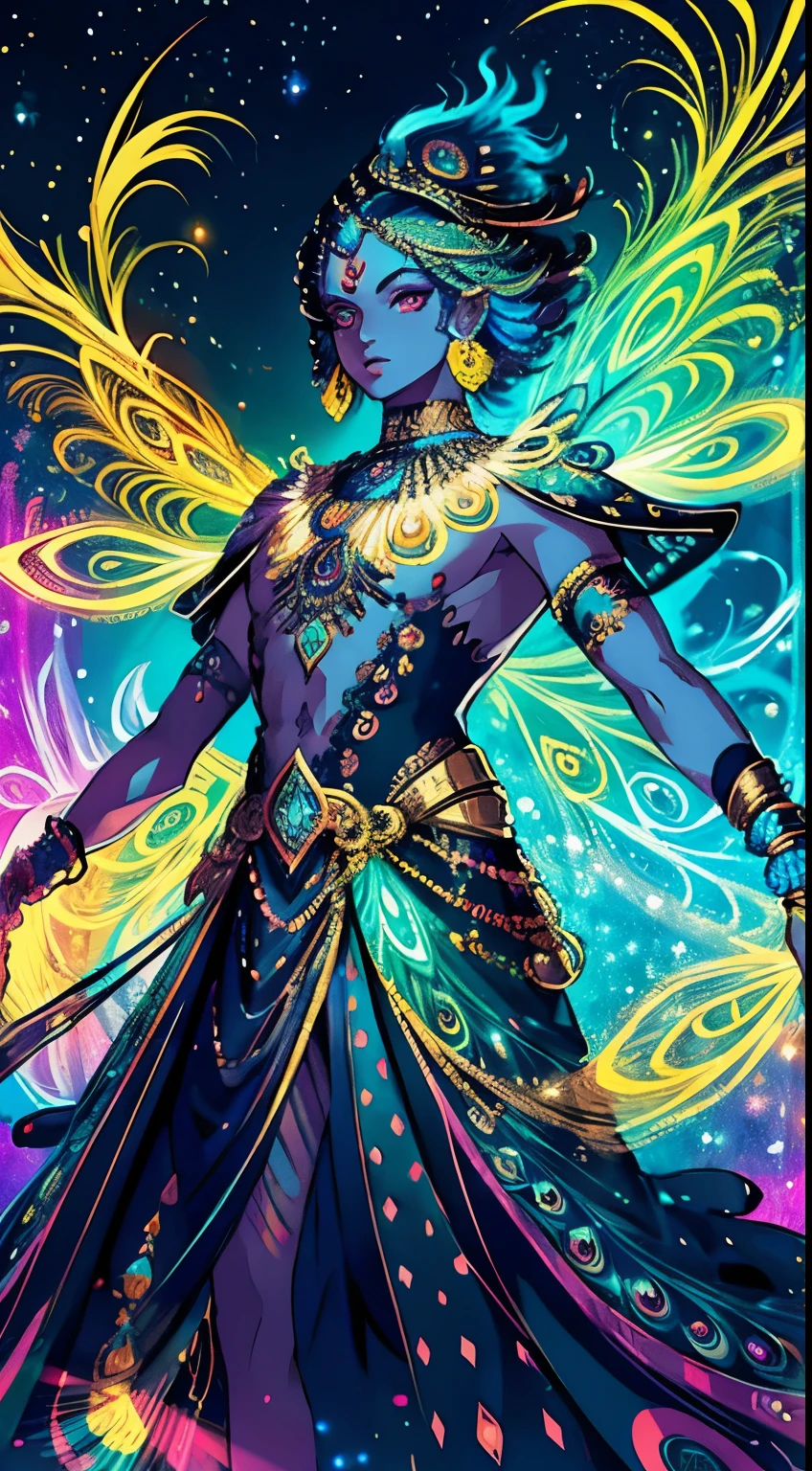 (bright lights, vivid colors, patterns all over),futuristic Lord Krishna, detailed facial features, glowing eyes, intricate jewelry, vibrant clothing, divine aura, celestial background, elements of nature, laser projections and holograms, advanced technology, harmonious symphony of ancient and modern, energetic and captivating.peacock feathers flying everywhere