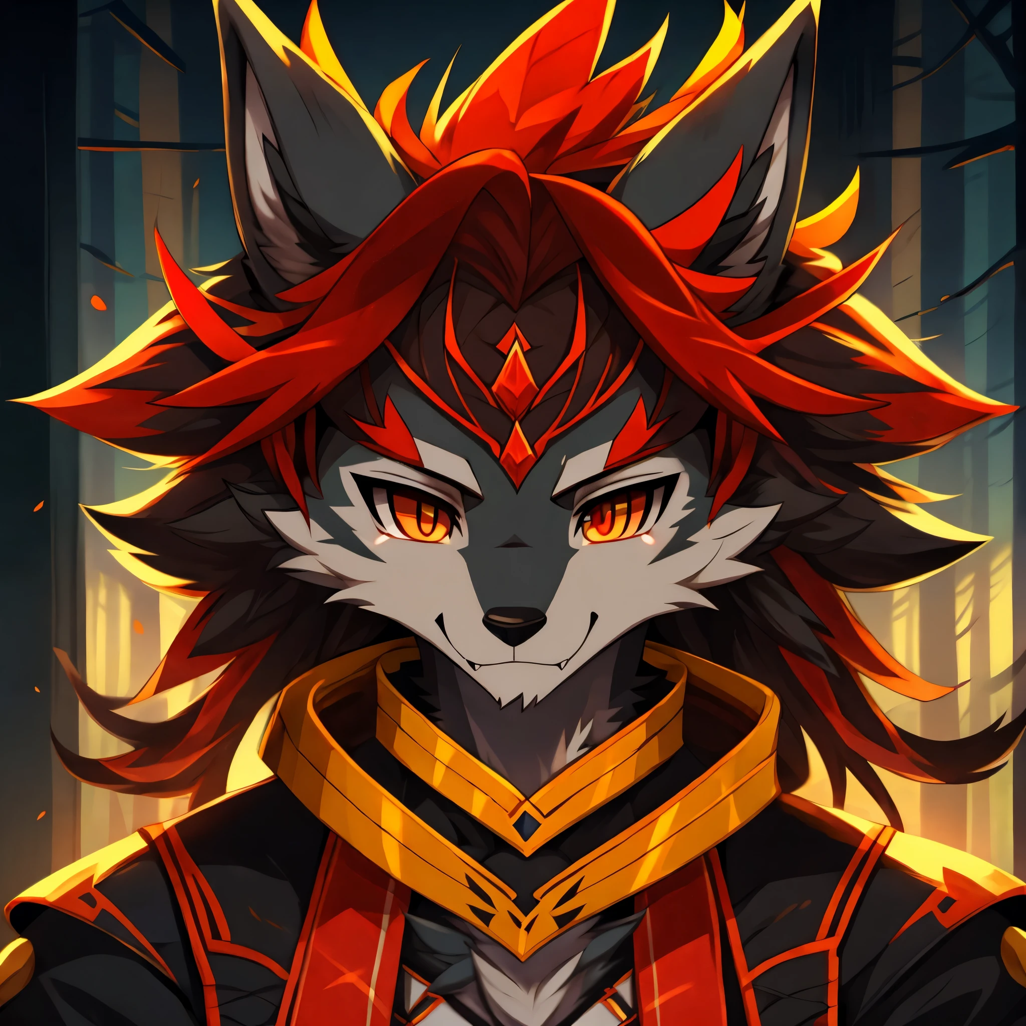 Grey demon wolf with red horns. Anime style. Anthro style. Headshot style.