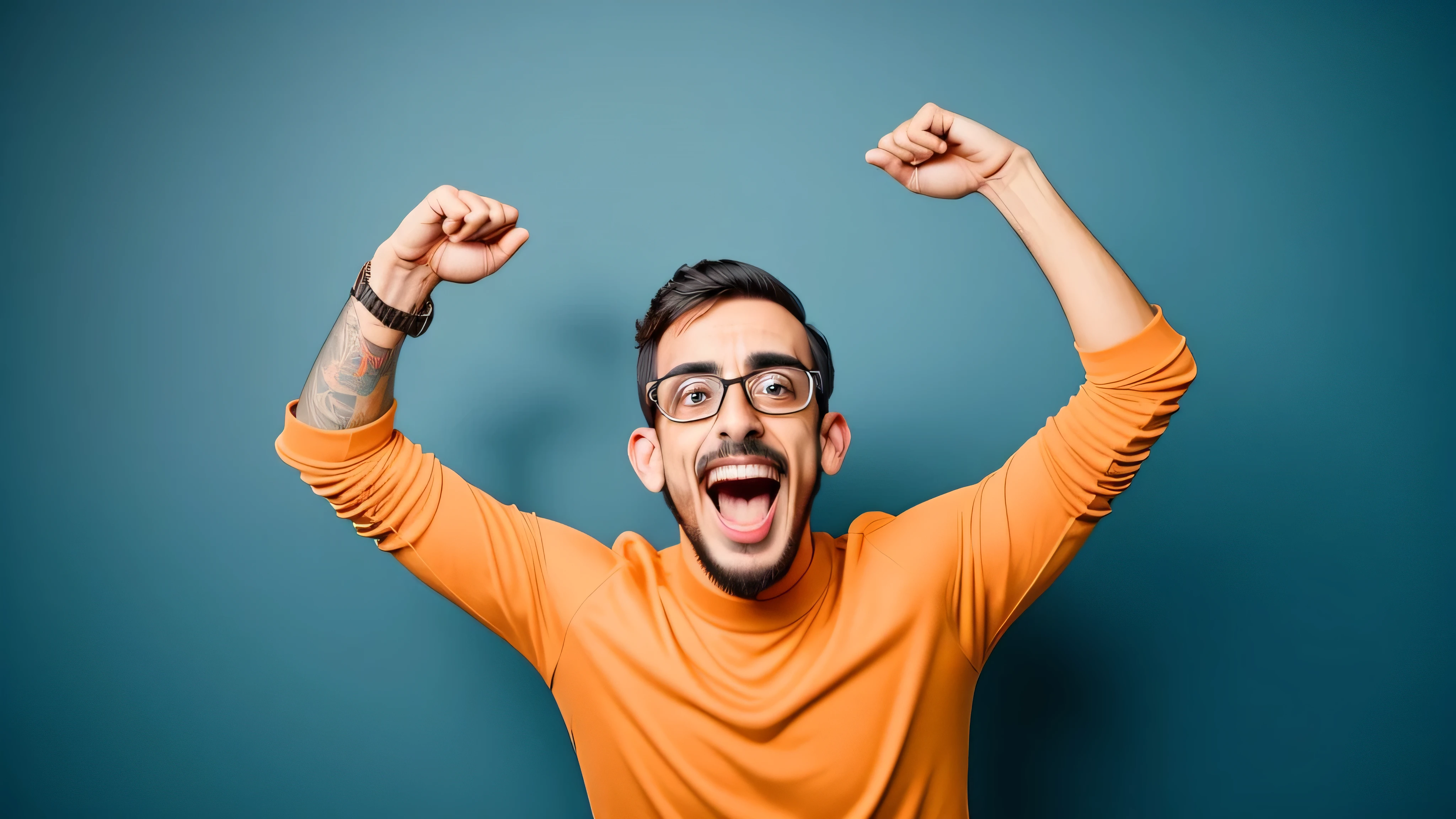 slim man with glasses and beard raising his arms in the air, muitas espinhas, ser encantado e alegre, showing victory, Pose(Arms up + feliz), muito muito feliz, muito Excitado, Excitado, excited expression, he is very happy, vibrant and dynamic, muito muito feliz!, very feliz, with Arms up, solid track record, Ricky Berwick, all overly excitado