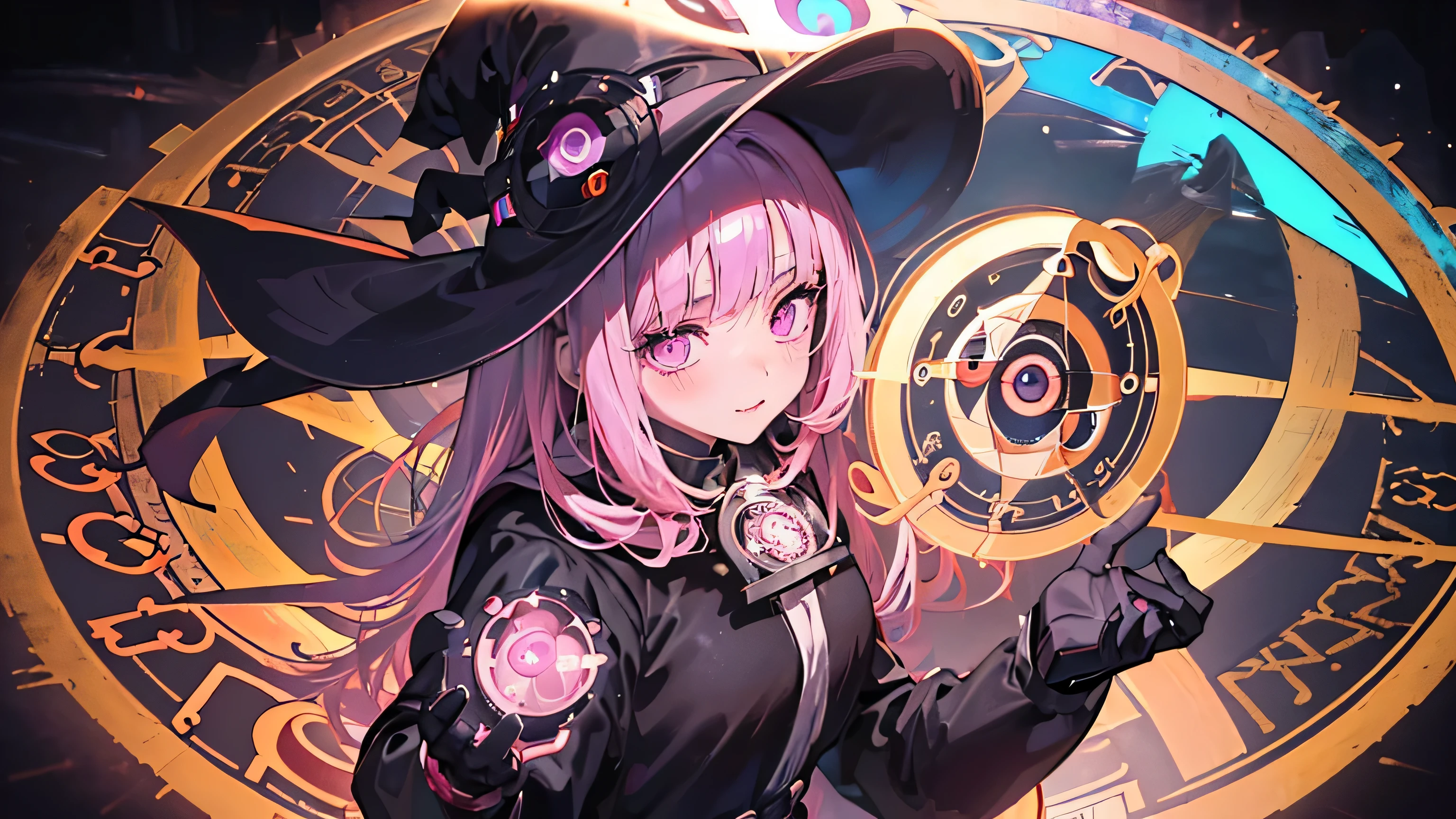 ((Ultra-detailed)), (top-quality), ((masterpiece)), ((Super exciting)), ((8K)), ((1080p)), ((extremely clear)), ((Very sophisticated)), ((Anime Graphics)), ((Anime quality)), ((Anime Illustration)), ((Upper lighting)), ((depth of fields)), ((Glowing skin)), ((gleaming)), ((shiny-glistening)), (3D)), ((Perfect Anatomy)), (Realistic skin texture), ((Detailed face description)), ((detailed cloth design)), ((anime quality eyes)), ((bright color:1.2)), (((Solo)), ((a girl))), ((dark atmosphere:1.5)), ((dimensional magic circle:1.8)), ((grinned), (blush)), (witch:1.7), (wizard), ((dark fantasy)), ((upper body)),
