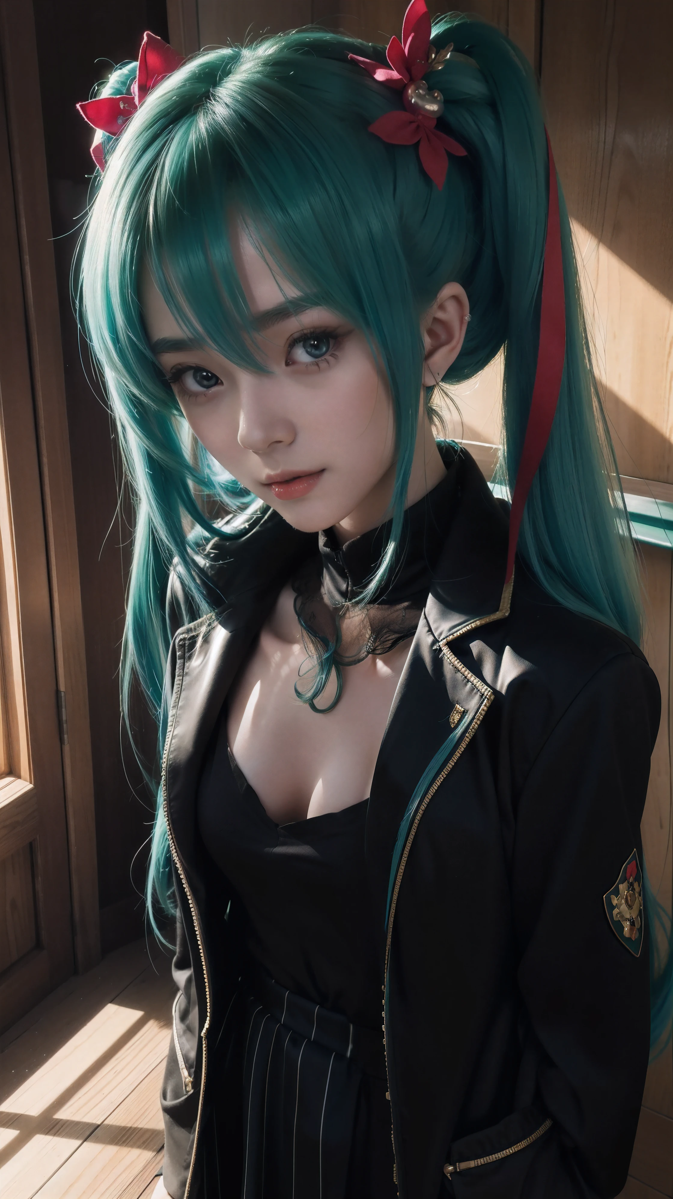 Real life adaptation of this character, her name is hatsune miku, beautiful girl with green hair and red eyes in a room, mikudayo, with teal hair, portrait of hatsune miku, nightcore,beautiful, portrait of hatsune miku, portrait of a realistic beautiful girl, background realistic, from japanese animation, beautiful face, realistic clothes, realistic light, realistic shadows, realistic background, (photorealistic: 1.2 ), realistic hands