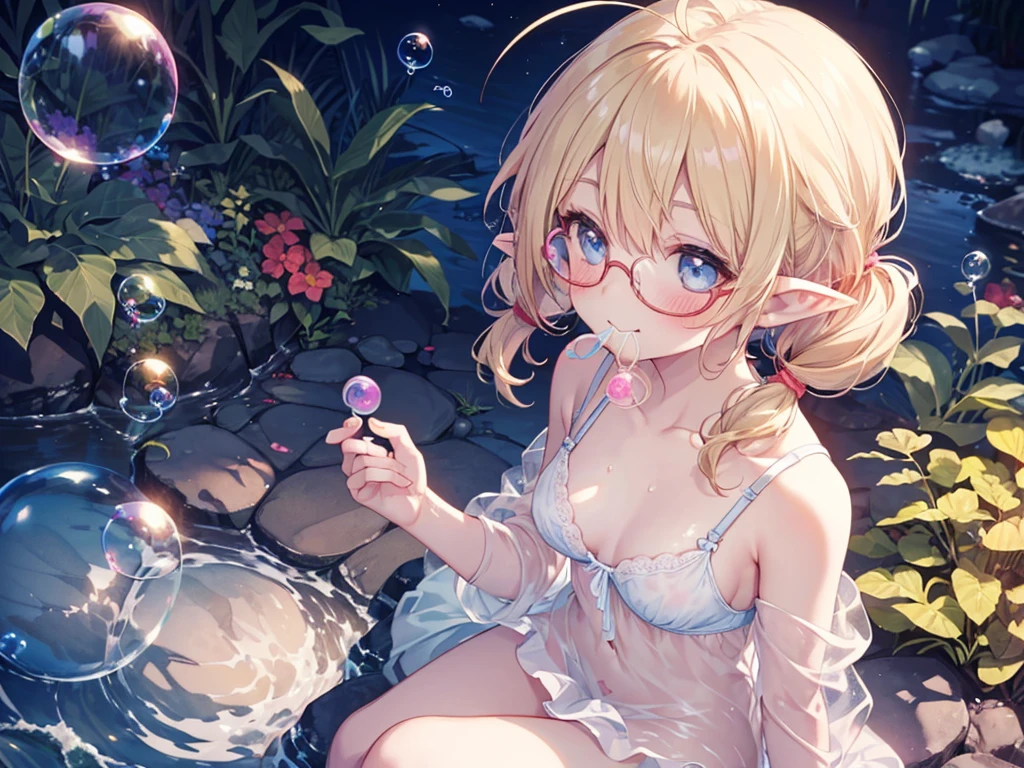 ultra detailed, best quality, high resolution, beautiful, 8k, pale skin, , (glossy blonde hair), (very short hair), blue eyes, (ahoge:1.3), ((girl:0.5)), (((solo))), ((glasses:1.3)), ((pointy ears)), (blush:1.3), ((single short braid:0.8)), ((happy smile:1.3)), ((sitting:1.5)), (pretty bra), ((watercolor)), ((soap bubble:1.3)), ((night)), (windy:1.5), ((looking up:1.5)), ((blow bubbles straw in mouth:1.5)), ((looking away:1.5)), ((short twintails)), ((pretty panty)), ((nsfw))