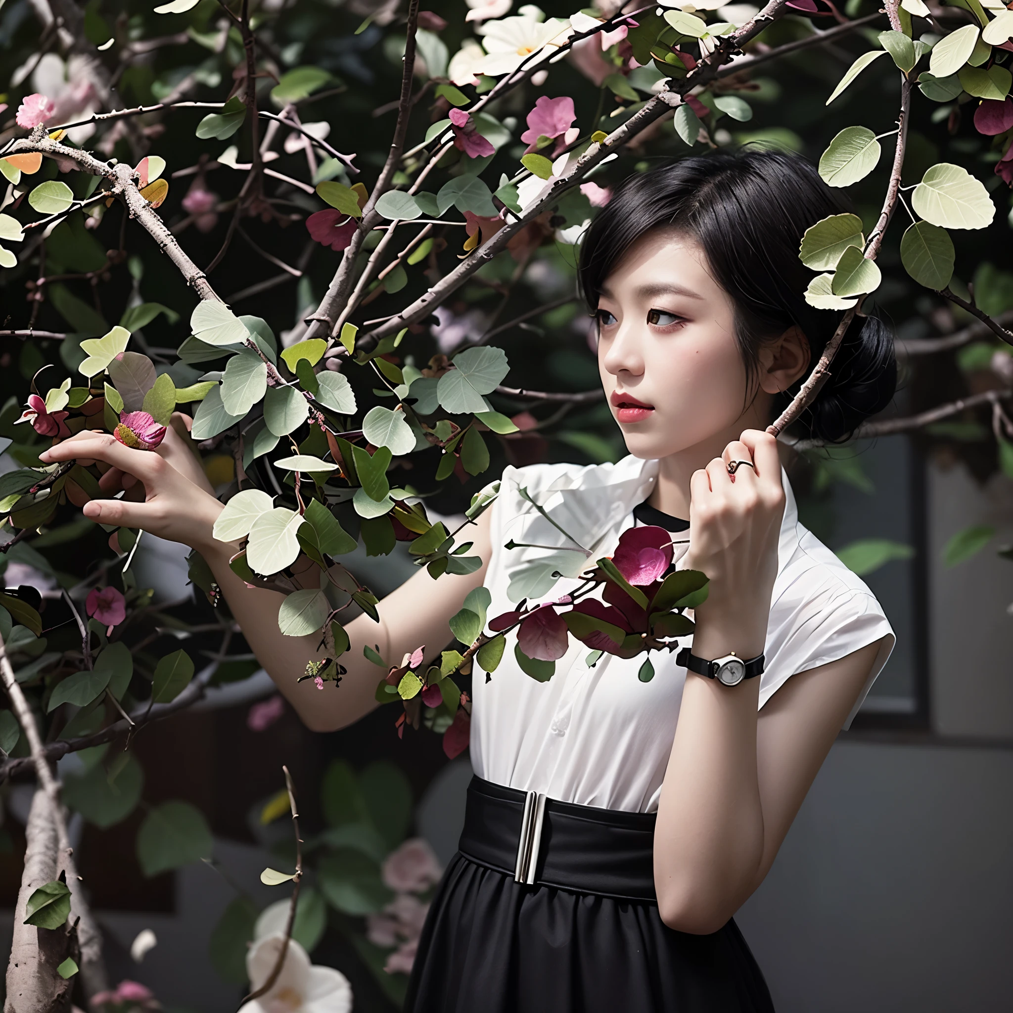 a lady wearing a white shirt, in the style of whimsical multimedia, colorized, junko mizuno, art frahm, interlacing artifacts, hyman bloom, dark white and light magenta