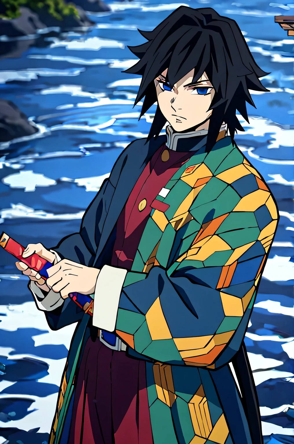 Yoshiyu Tomioka, Demon slayer, 1 boy, alone, Upper body, water, blue aura, flowing water, holding knife, Combat readiness, looking at the viewer, long hair, blue eyes, black hair, Are standing, Jacket, male focus, kimono, black Jacket, Demon slayer uniform, 4K high image quality