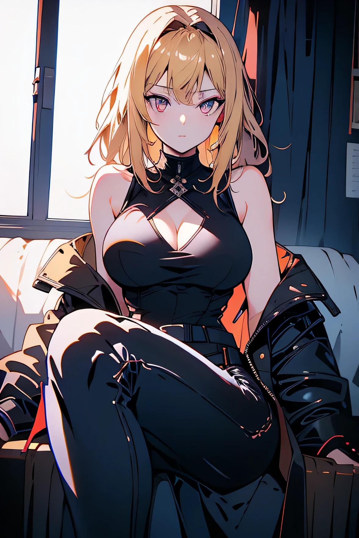 1 girl、18-year-old、beautiful、anime style、realistic face、blonde、medium hair、black jacket、white sleeveless 、jeans、brown belt、show cleavage、medium breasts、legs open, crossed legs, sexy