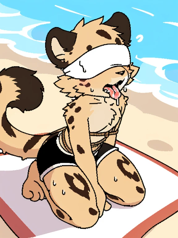 Leopard cub kneeling on the beach，Wearing black shorts，Mouth is blocked，alone，A lot of white saliva flows out，rope wrapped around toes（（wet fur 1.4））Sweat，drops of Sweat，blindfolded