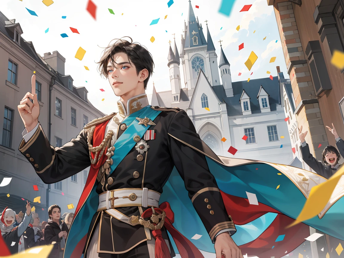 (((masterpiece))),best quality, whitetown, colorful confetti, 1 man, short black hair, happy, prince, parade, castle
