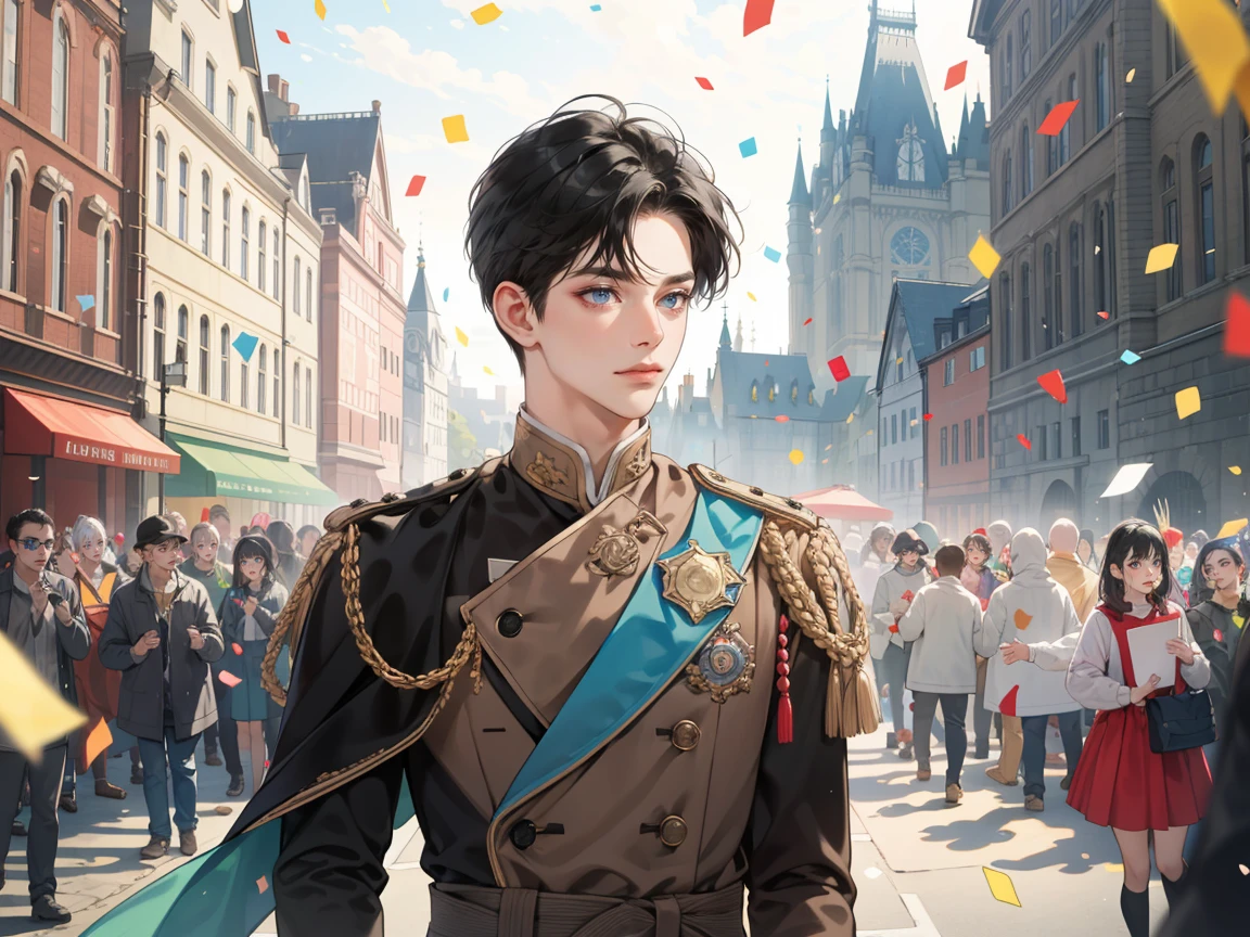 (((masterpiece))),best quality, whitetown, colorful confetti, 1 man, short black hair, happy, prince, parade, castle