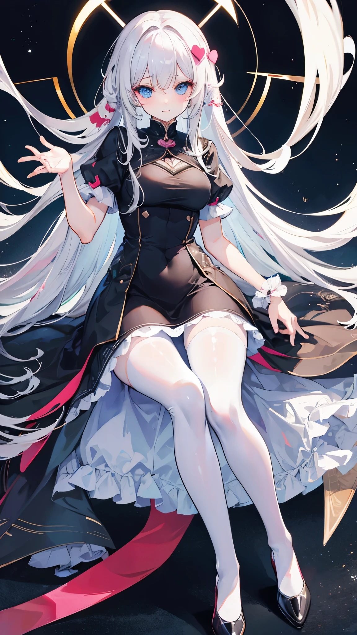 sweetheart personification，Super big beauty，long white hair，smart and cute，Black silk pantyhose