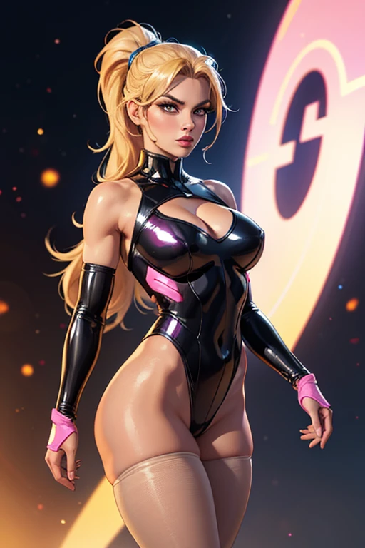 Best quality, 8K, woman retro super hero futurism, beautiful and detailed face, big eyelashes,standing, facing away from the observer, ponytail,golden hair, long eyelashes, light pink shiny leotard, cleavage, metalic details, light tan pantyhose, sheer gloves,black sci-fi scenario