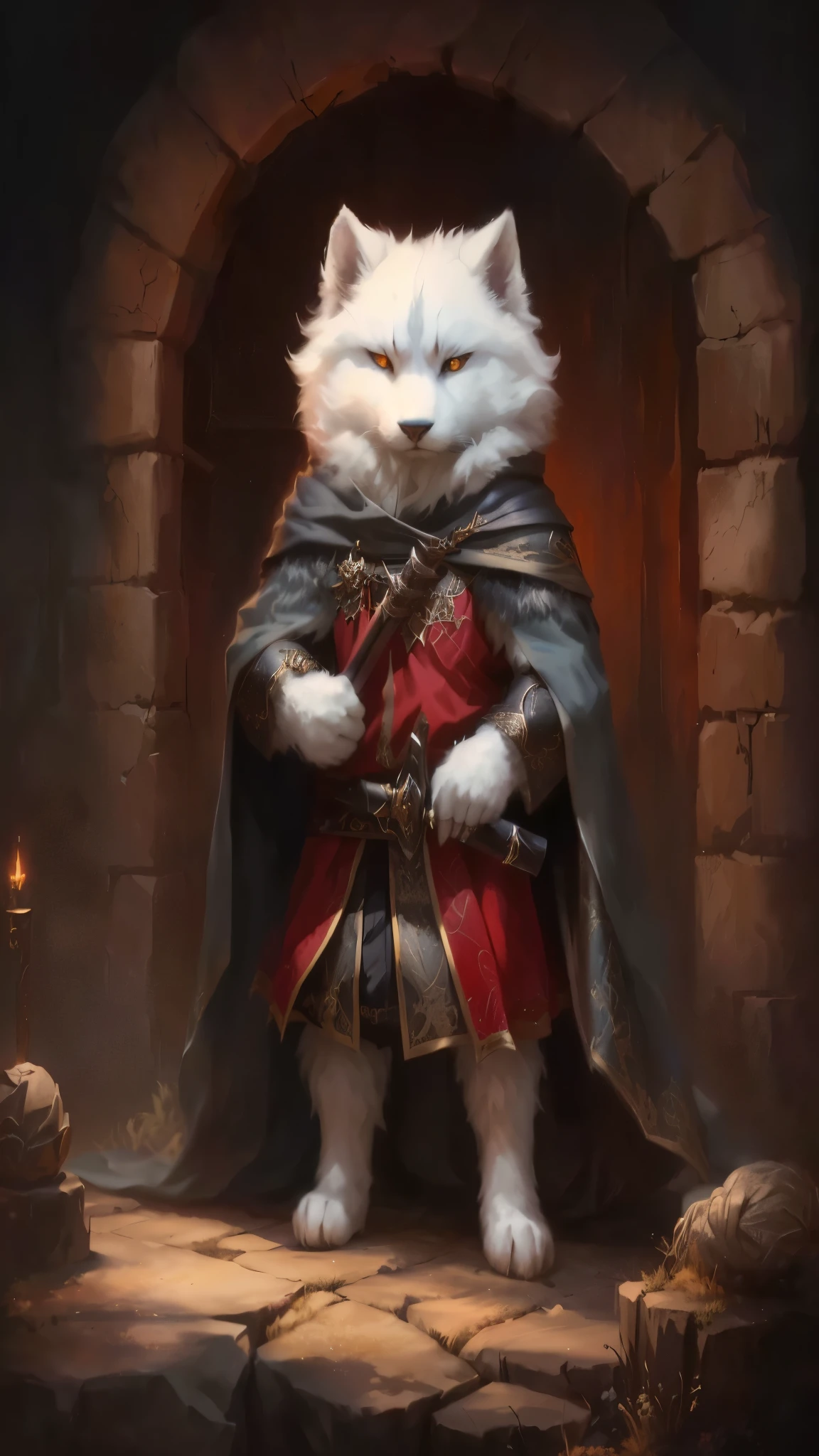 furry fantasy art, Majesty in noble attire, epic fantasy character art, Very very beautiful furry art, Holding a Void Blade Katana in his hand，The world becomes a canvas of shadows and dimensions, as he navigates dark realms with mysterious interactions.epic reality, style, glowing eyes,