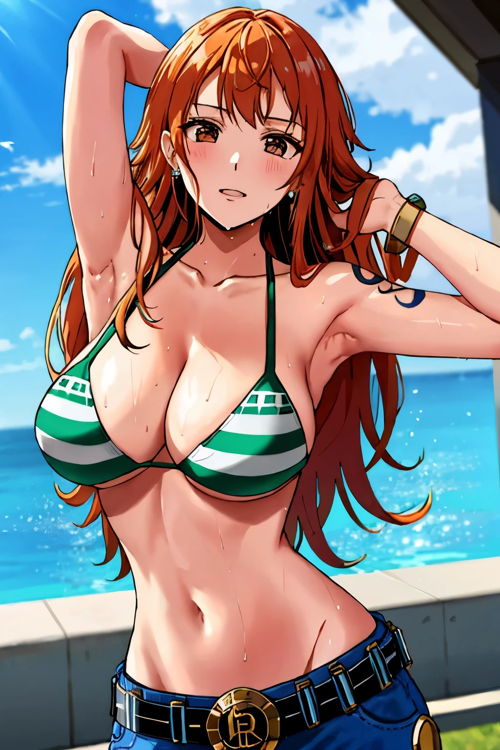 detailed background, masterpiece, 4K, best quality, 늦은 request소년, adult, wrestler body, 1 woman, Active, energetic, Uppercut, (Big mouth) , alone, Us \(One Piece\), 1 woman, bangle, (Very wet, Drenched in sweat, sweating all over, Very wet hair, tired, breathe, dehisce, exhausted, outcry, Sweaty face, sweaty body, Panting, sweating too much, Glittering sweat, sweaty armpits, trend, hands on hips, Serious, glaring), Perfect, detailed face, Draw bold lines, muscular arms, Detailed and thick arm lines, Flat chin, adult woman, wavy wide striped bangs, floating bangs, (Big cheeks), bare shoulders, off shoulder, belt, bikini, bikini top only, blue sky, bracelet, Elastic breasts, Breast line, Big round eyes, very large brown shiny eyes, foam, 높은 눈 stomach치, split, cloud, afternoon, request, earring, floating hair, shiny hair, green belt, green bikini, Thick groin line, requestpants, bijouterie, medium chest, Log Pose, long hair, looking at viewer, navel, wet hair, Orange hair, pants, shoulder Tattoo, side lock, sky, alone, standing, stomach, swimsuit, Tattoo , looking at viewer, dehisce, Detailed left arm, large forehead, hourglass shape, small head, A toned body, Broad head, wind effect, The Sun Effect, Under the sun, Narrow small ear angle, Previous, 무작stomach 포즈,