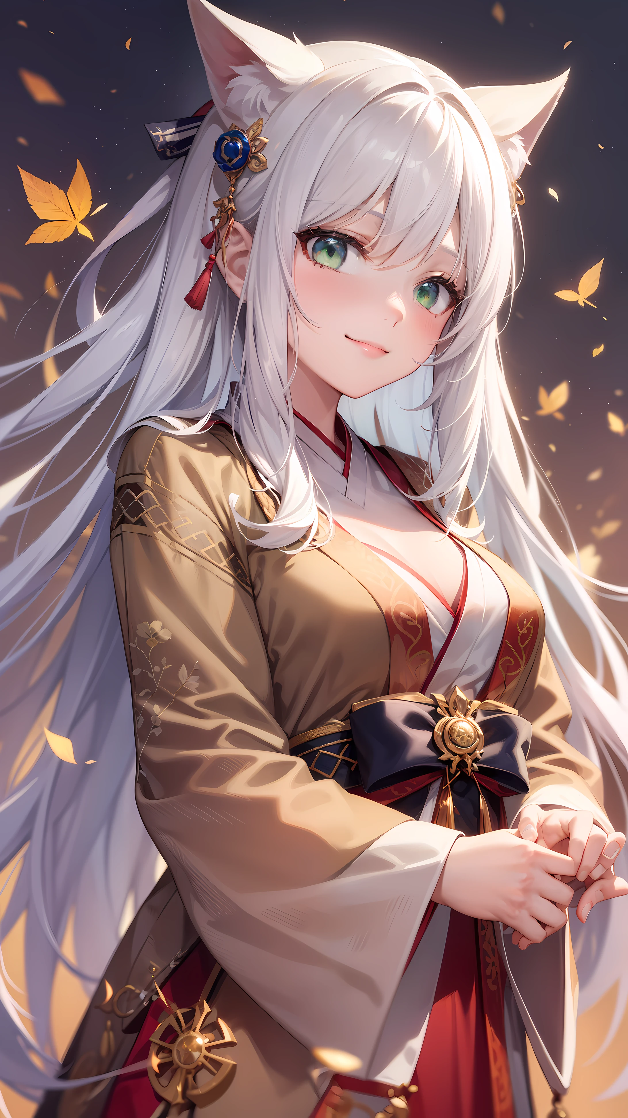 Adult girl, long white hair, green eyes, hanfu, open chest, smile, masterpiece, high quality