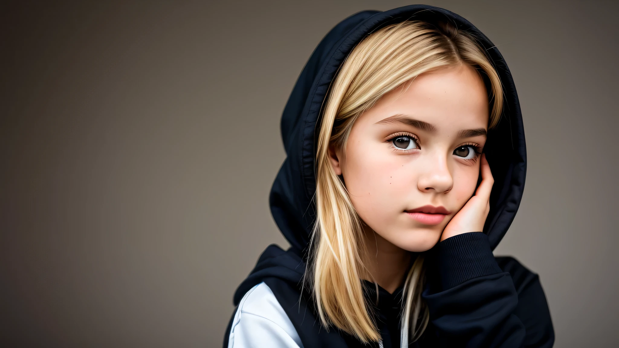 KIDS GIRL BLONDE in a black hoodie holding her head in her hands, KIDS girl wearing hoodie, in a black hoodie, close up portrait photo, gorgeous young model, in a hoodie, portrait black and white portrait, wearing a black hoodie